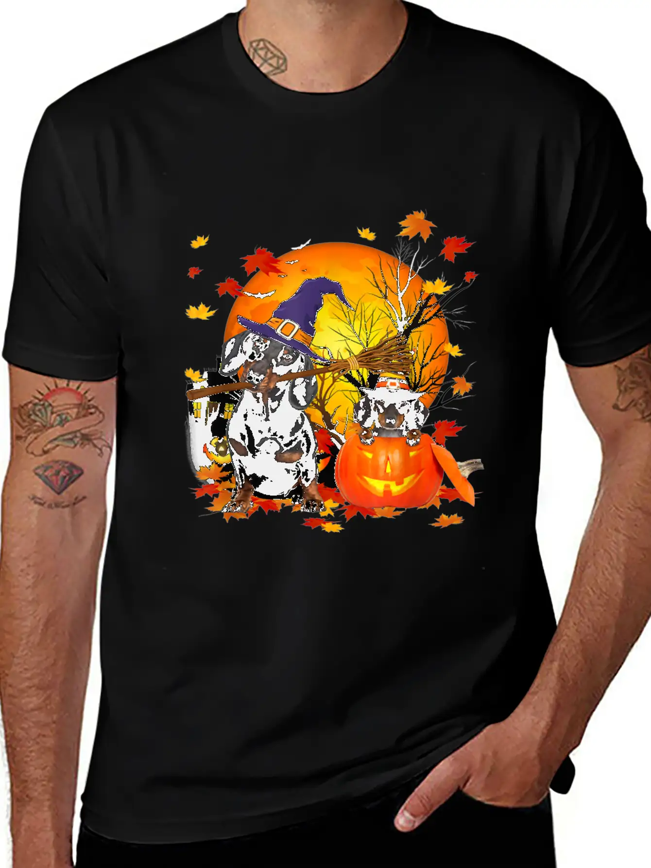 Dachshund Dog Autumn Halloween And Pumpkins Unisex Short Sleeve Soft Cotton T-Shirt – Casual Everyday Wear