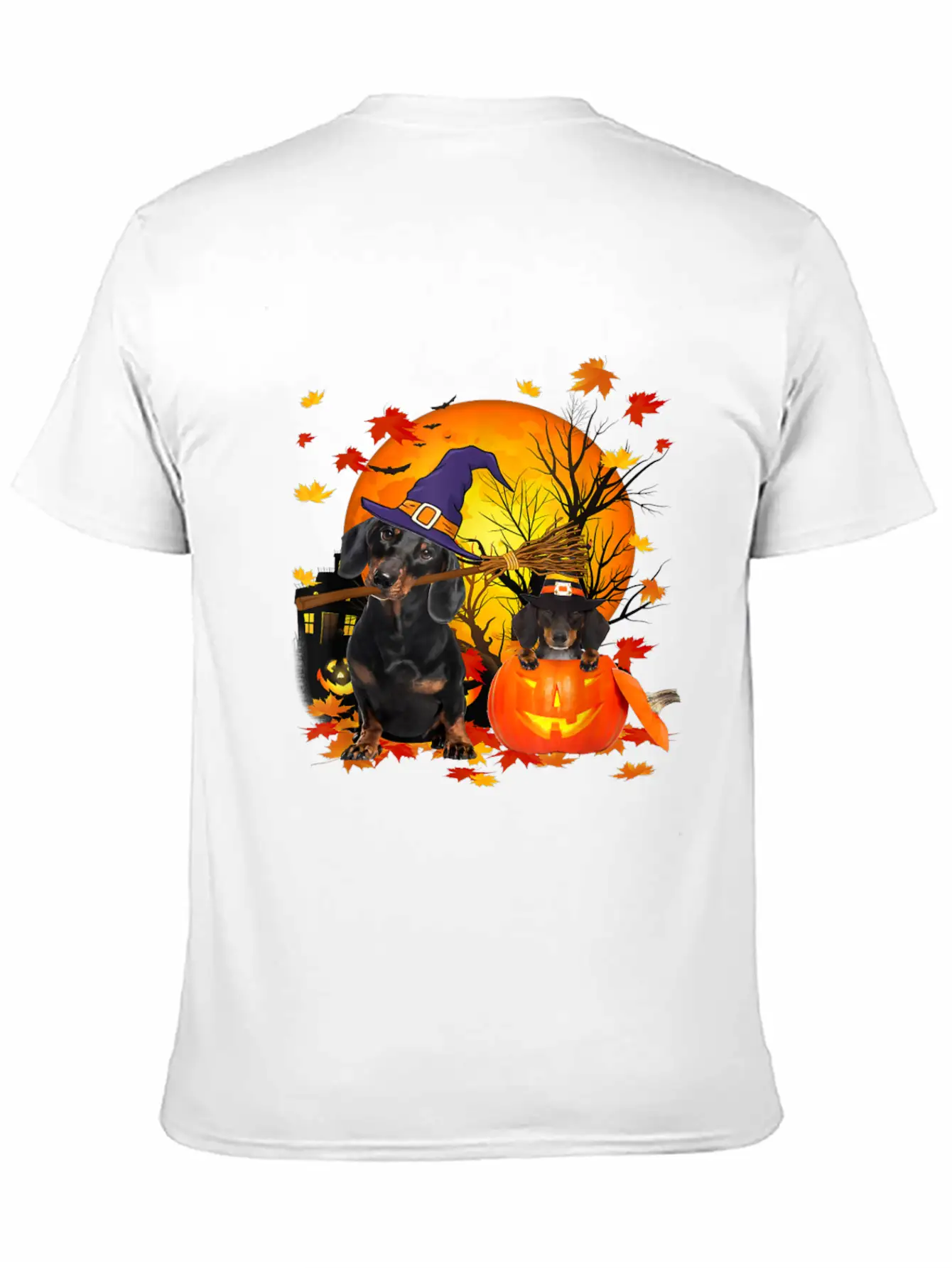 Dachshund Dog Autumn Halloween And Pumpkins Unisex Short Sleeve Soft Cotton T-Shirt – Casual Everyday Wear