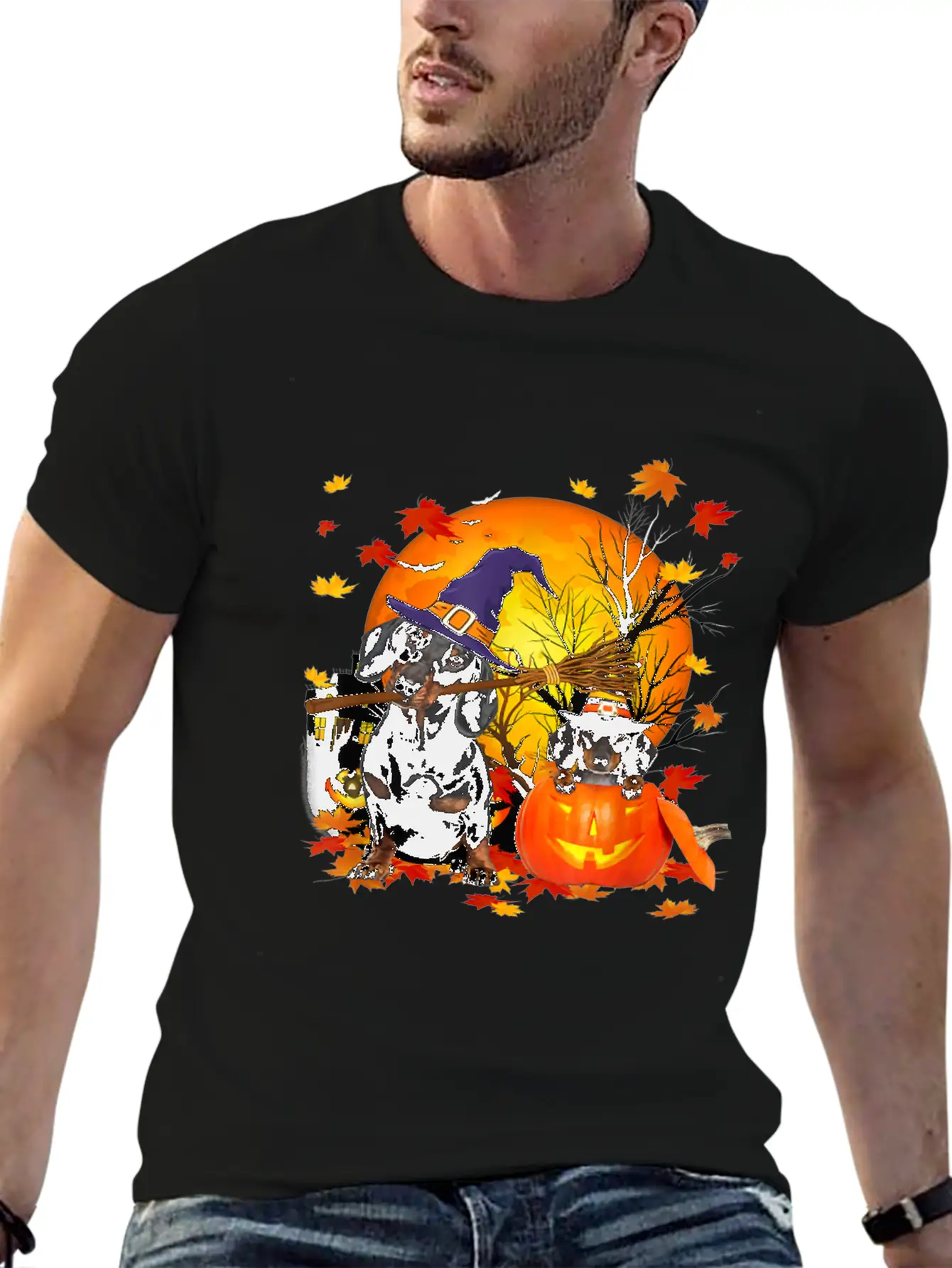 Dachshund Dog Autumn Halloween And Pumpkins Unisex Short Sleeve Soft Cotton T-Shirt – Casual Everyday Wear