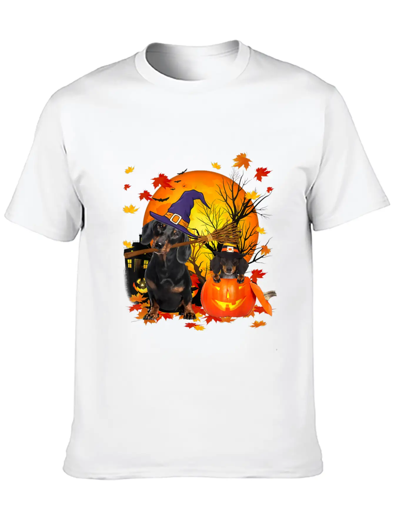 Dachshund Dog Autumn Halloween And Pumpkins Unisex Short Sleeve Soft Cotton T-Shirt – Casual Everyday Wear