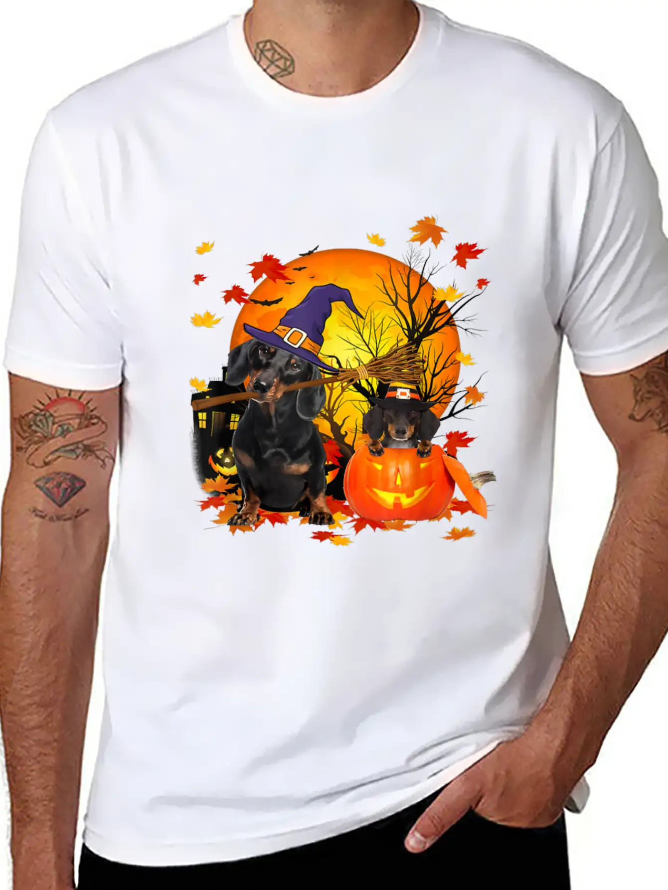 Dachshund Dog Autumn Halloween And Pumpkins Unisex Short Sleeve Soft Cotton T-Shirt – Casual Everyday Wear
