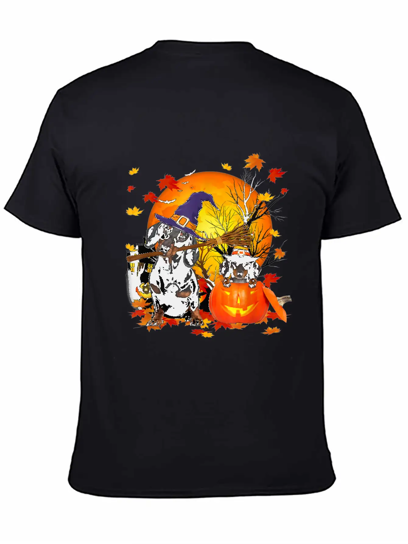 Dachshund Dog Autumn Halloween And Pumpkins Unisex Short Sleeve Soft Cotton T-Shirt – Casual Everyday Wear