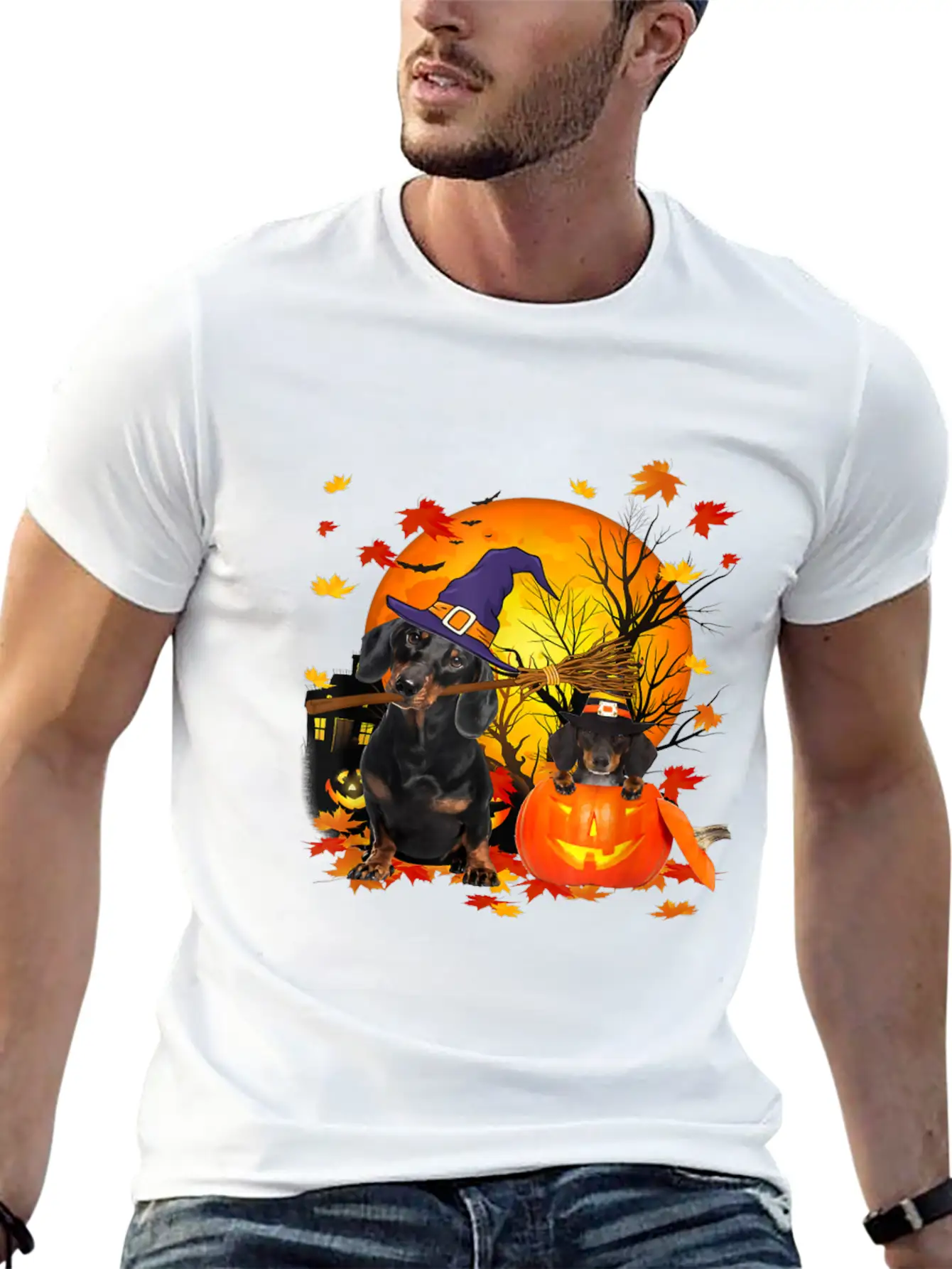 Dachshund Dog Autumn Halloween And Pumpkins Unisex Short Sleeve Soft Cotton T-Shirt – Casual Everyday Wear