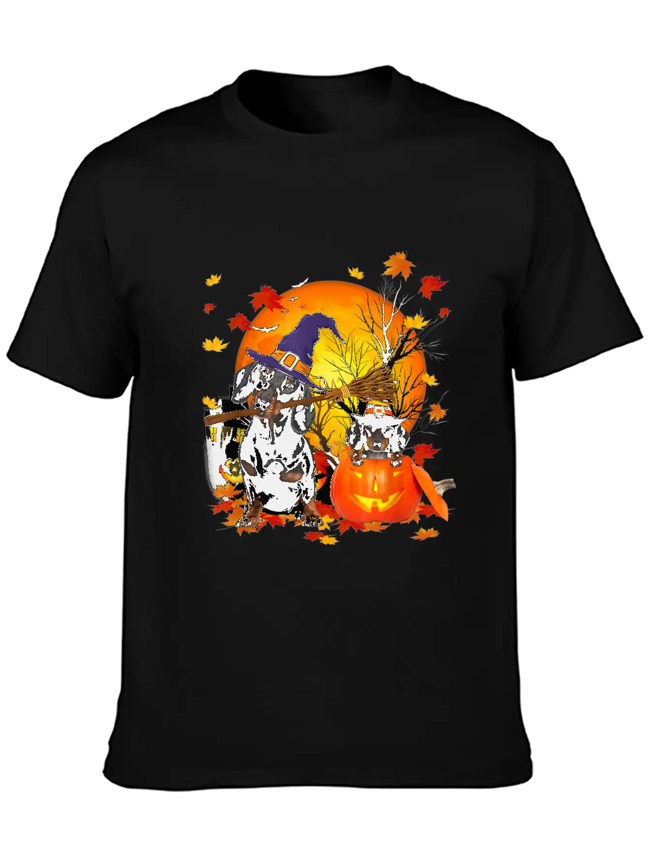 Dachshund Dog Autumn Halloween And Pumpkins Unisex Short Sleeve Soft Cotton T-Shirt – Casual Everyday Wear