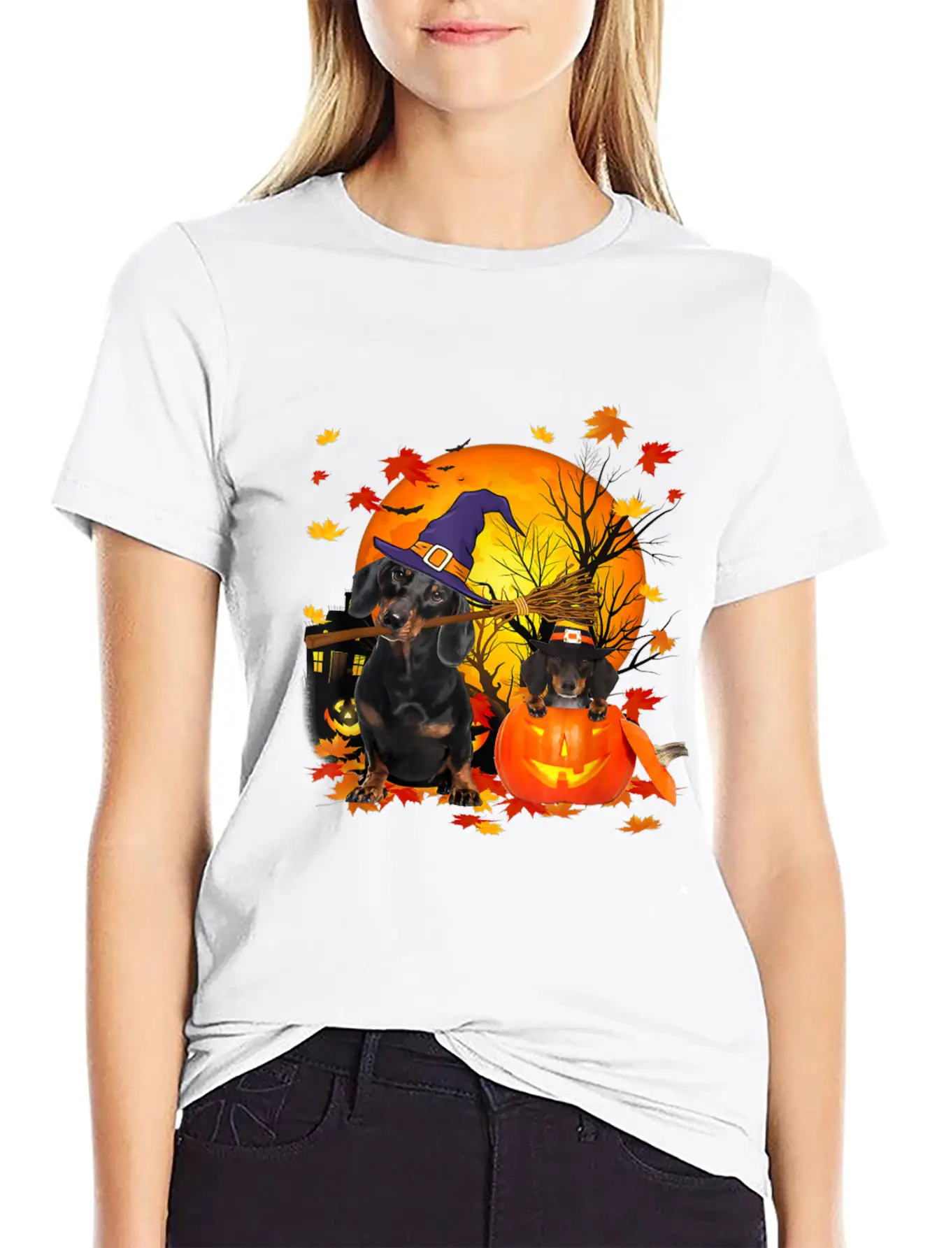 Dachshund Dog Autumn Halloween And Pumpkins Unisex Short Sleeve Soft Cotton T-Shirt – Casual Everyday Wear