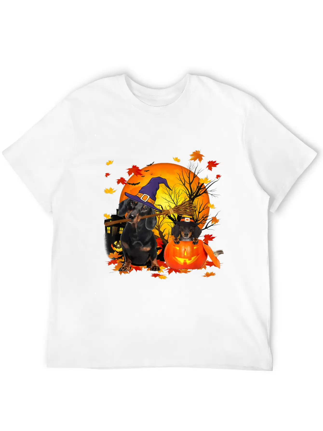 Dachshund Dog Autumn Halloween And Pumpkins Unisex Short Sleeve Soft Cotton T-Shirt – Casual Everyday Wear