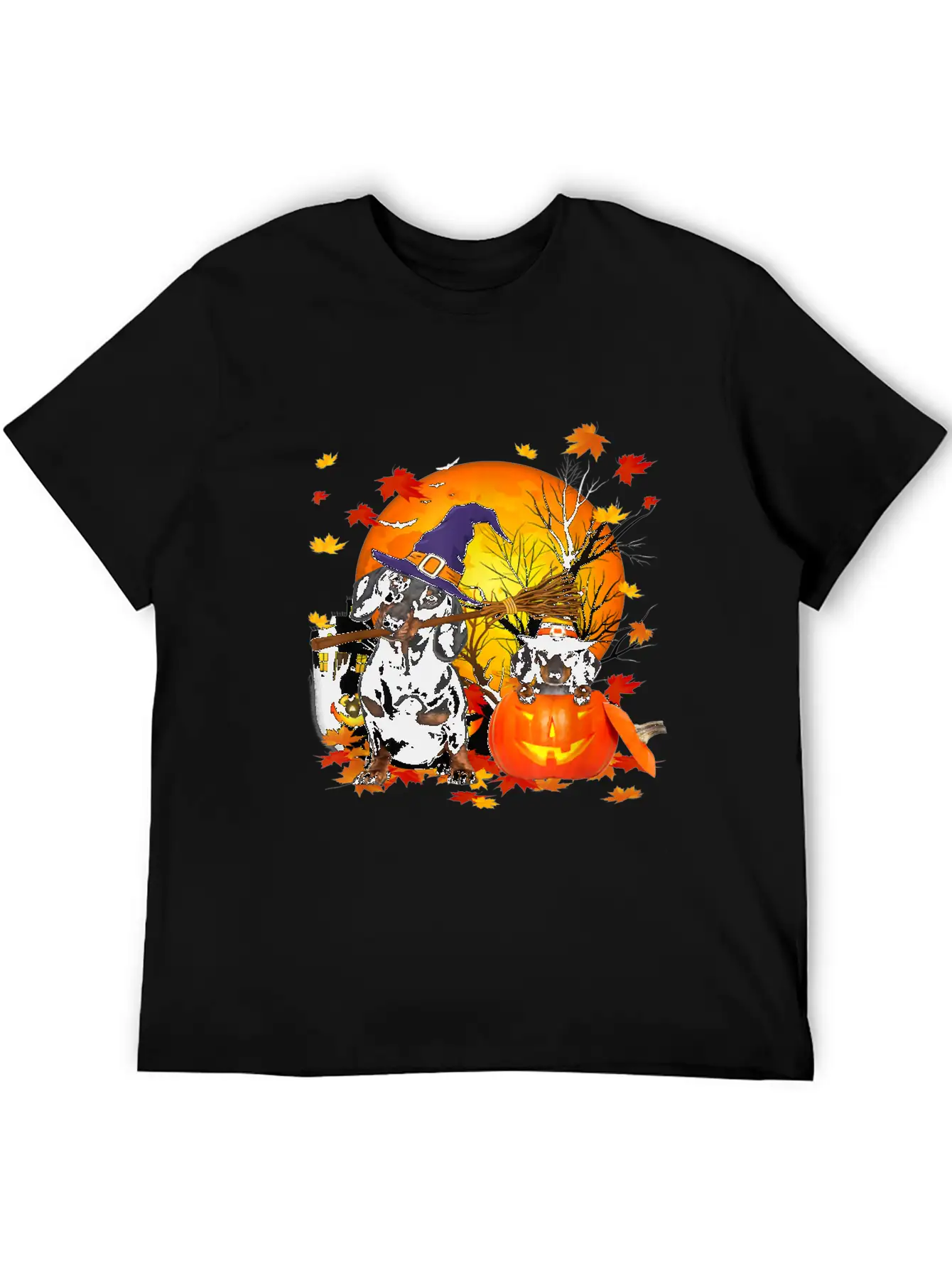 Dachshund Dog Autumn Halloween And Pumpkins Unisex Short Sleeve Soft Cotton T-Shirt – Casual Everyday Wear