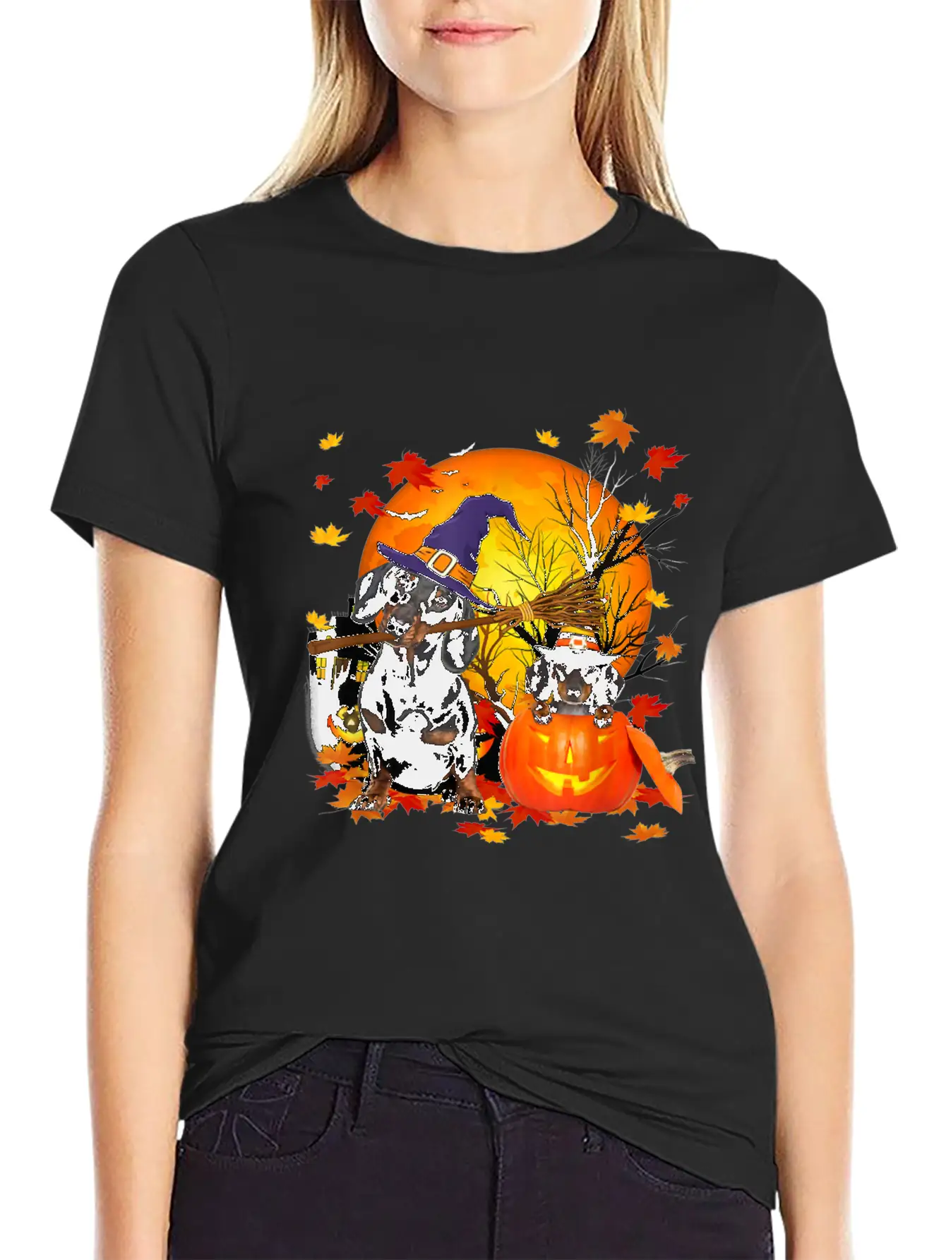 Dachshund Dog Autumn Halloween And Pumpkins Unisex Short Sleeve Soft Cotton T-Shirt – Casual Everyday Wear