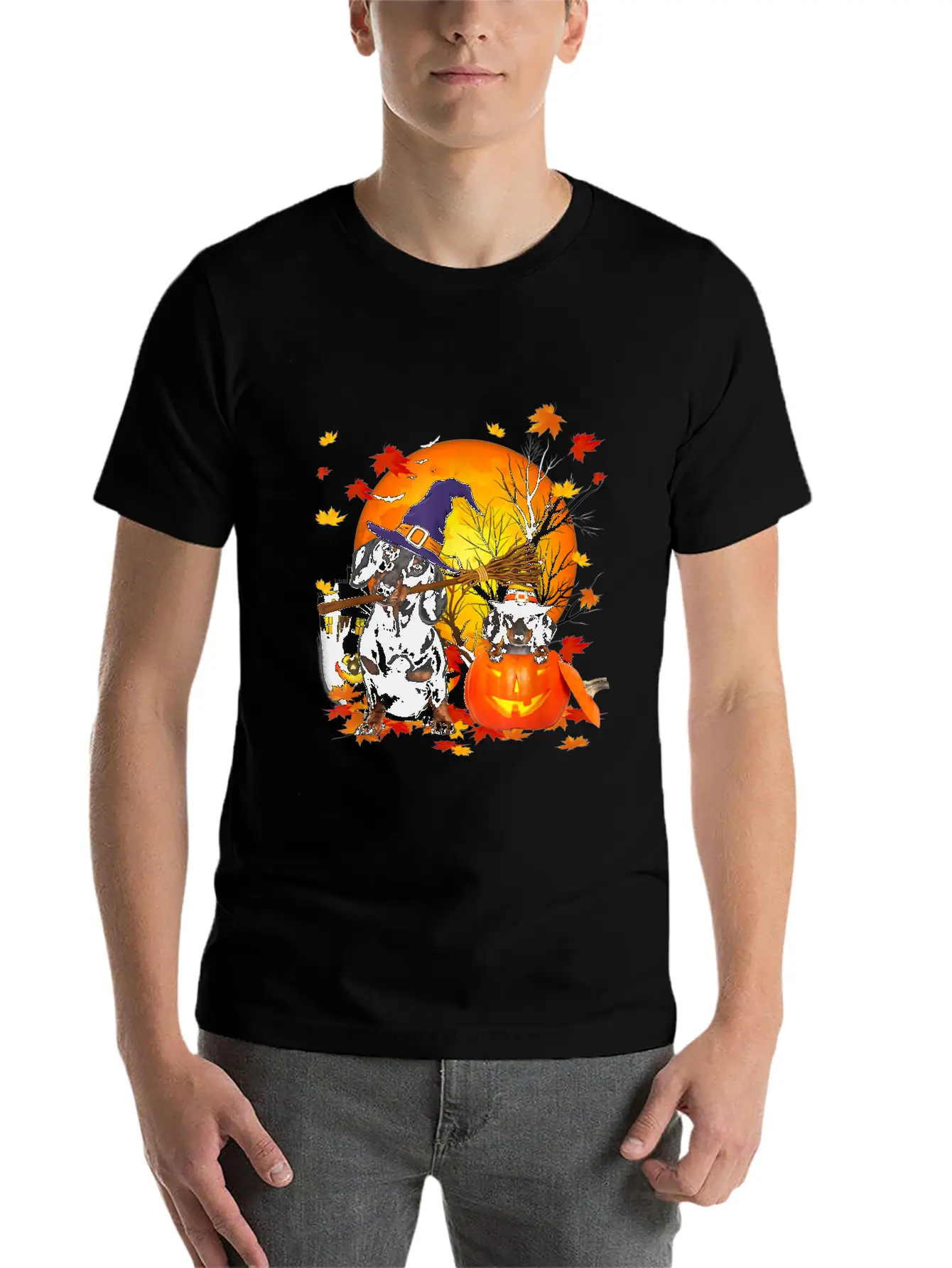 Dachshund Dog Autumn Halloween And Pumpkins Unisex Short Sleeve Soft Cotton T-Shirt – Casual Everyday Wear