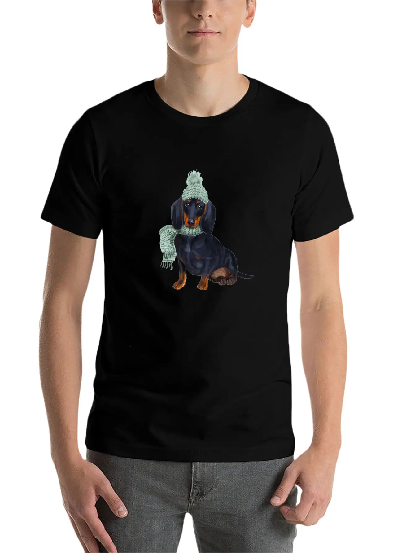 Dachshund Winter Illustration Unisex Short Sleeve Soft Cotton T-Shirt – Casual Everyday Wear