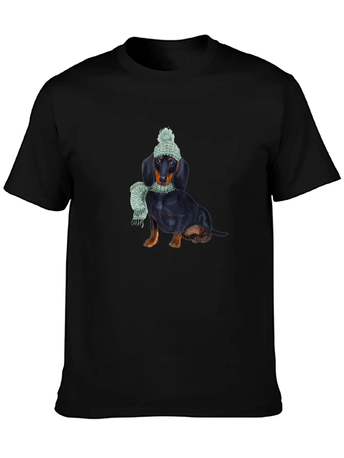 Dachshund Winter Illustration Unisex Short Sleeve Soft Cotton T-Shirt – Casual Everyday Wear