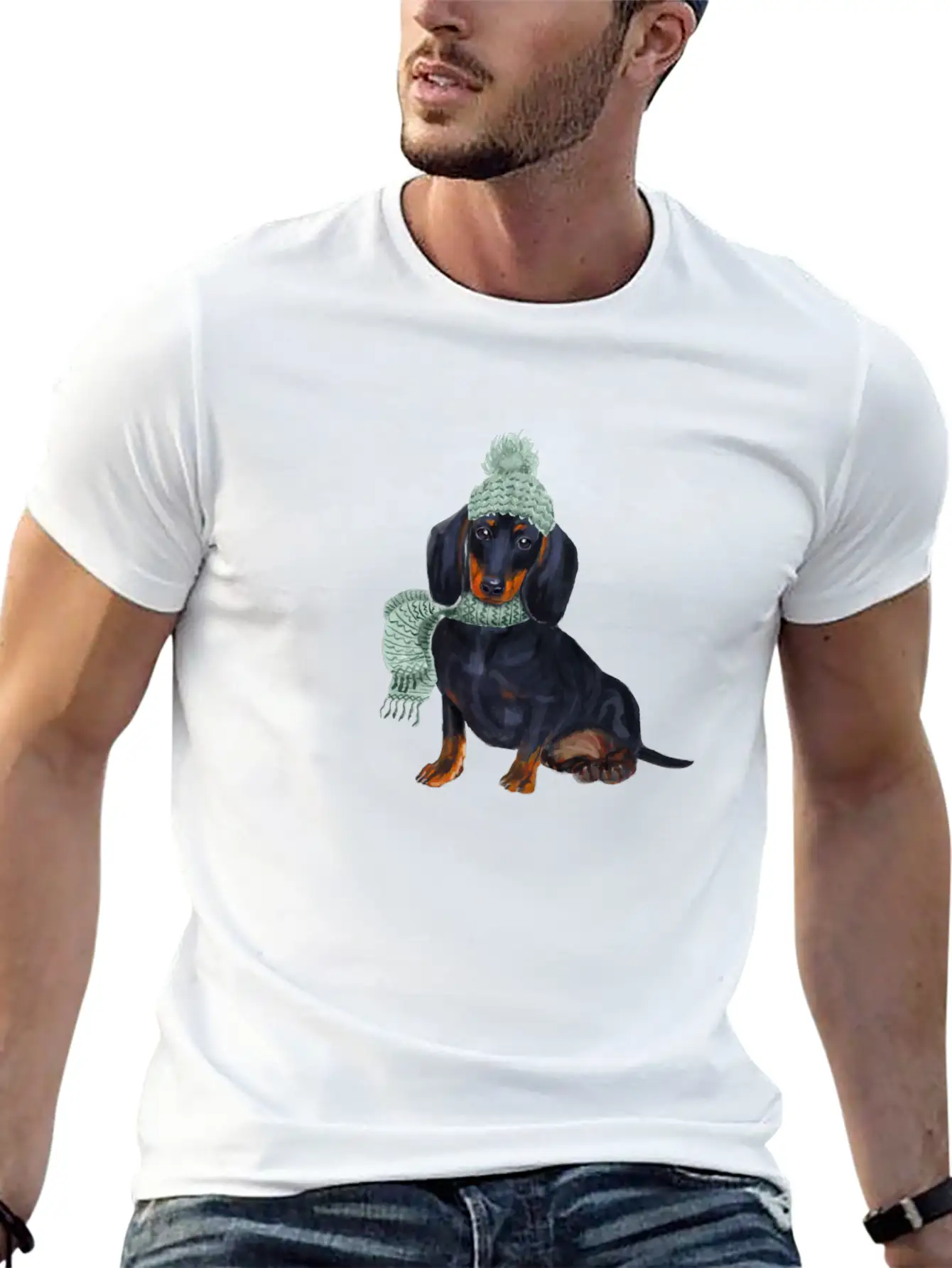 Dachshund Winter Illustration Unisex Short Sleeve Soft Cotton T-Shirt – Casual Everyday Wear