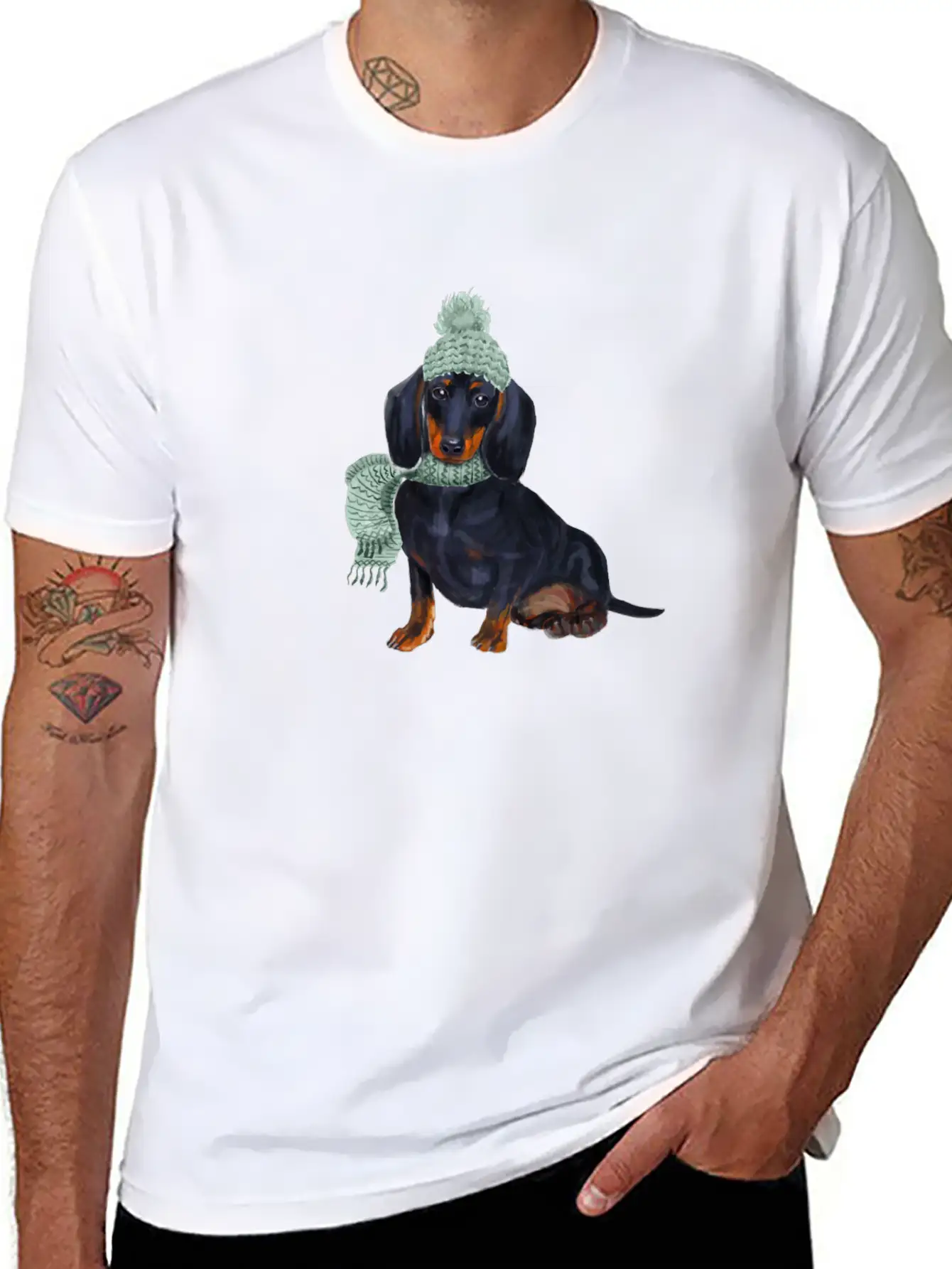 Dachshund Winter Illustration Unisex Short Sleeve Soft Cotton T-Shirt – Casual Everyday Wear