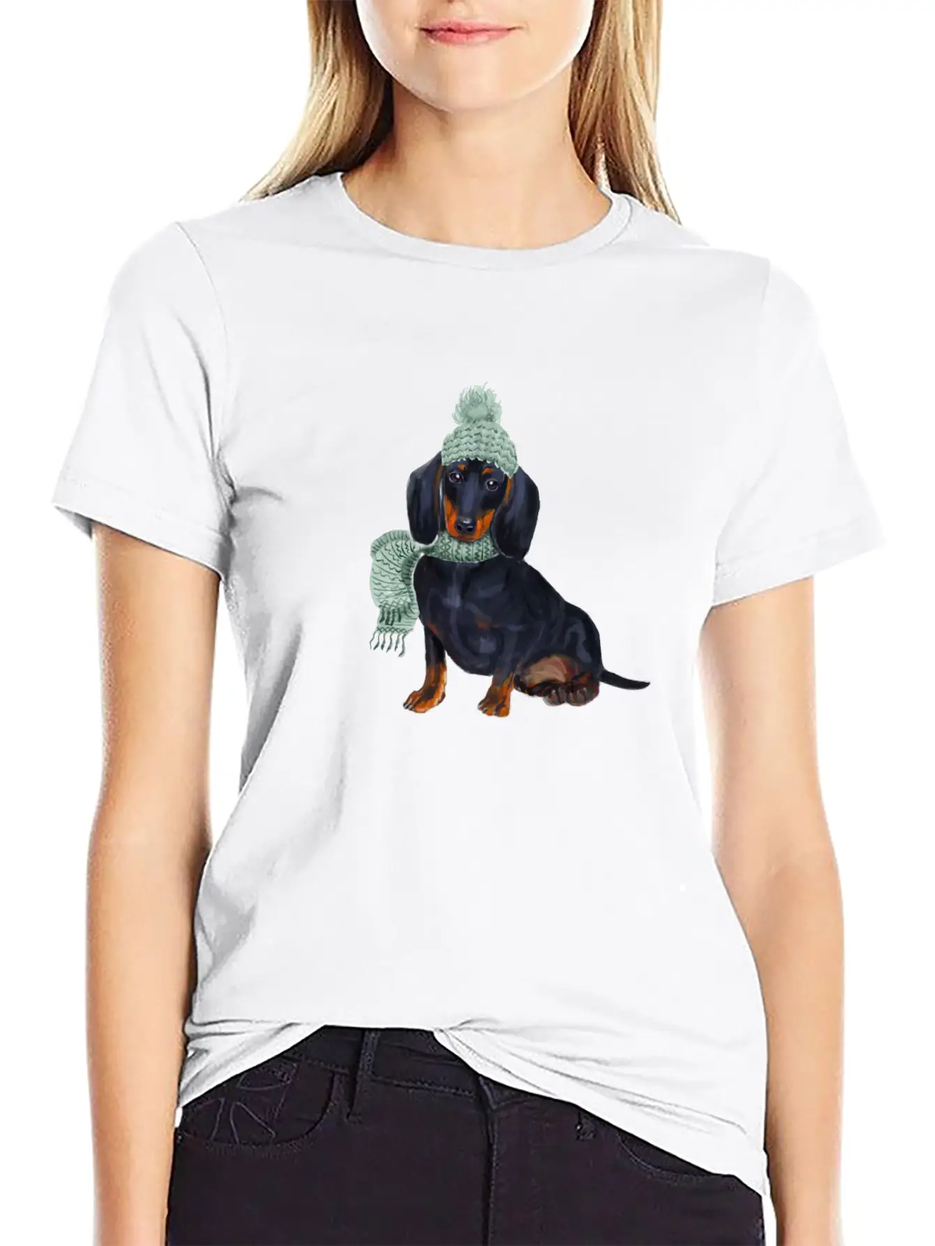 Dachshund Winter Illustration Unisex Short Sleeve Soft Cotton T-Shirt – Casual Everyday Wear