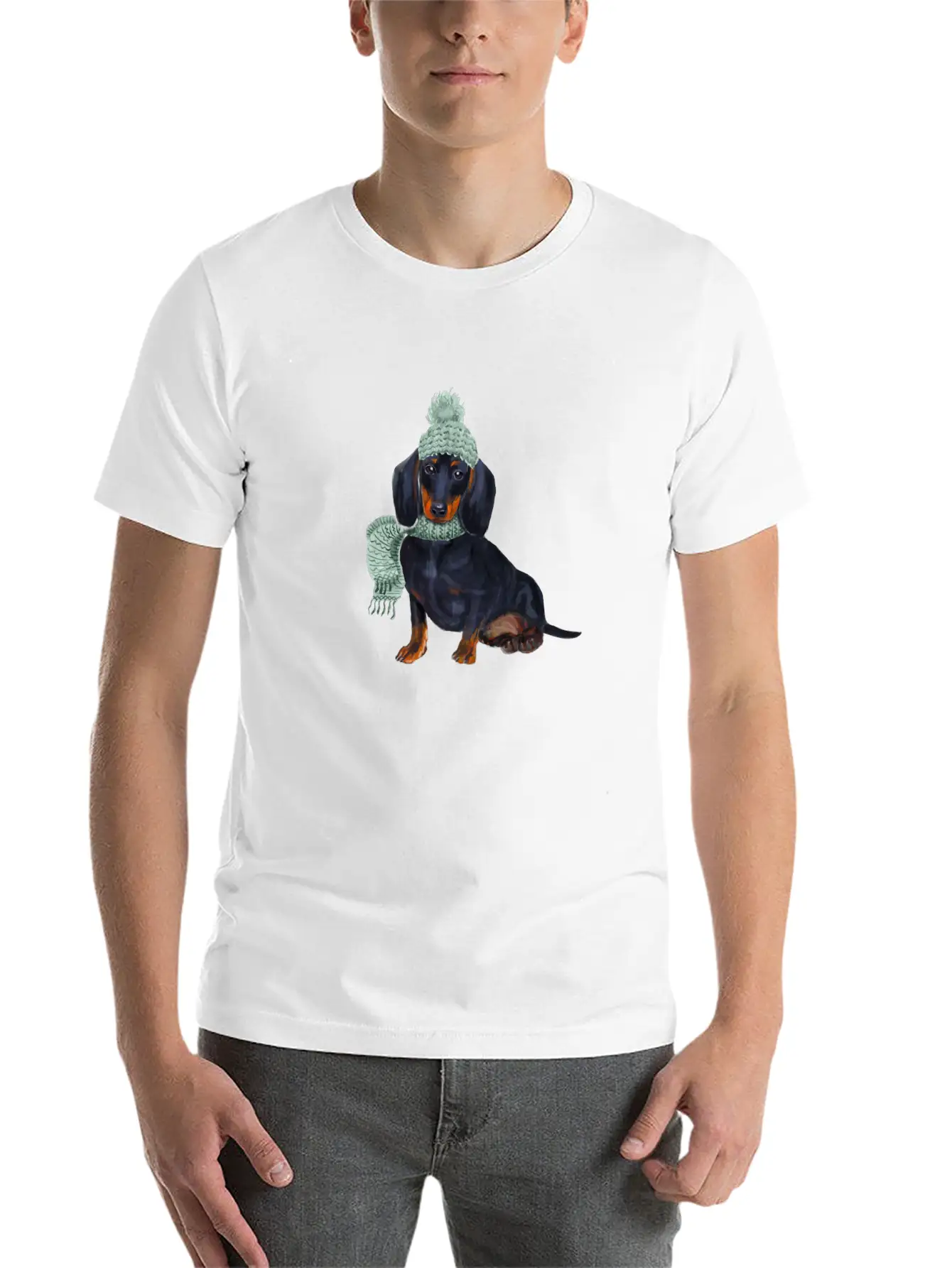 Dachshund Winter Illustration Unisex Short Sleeve Soft Cotton T-Shirt – Casual Everyday Wear
