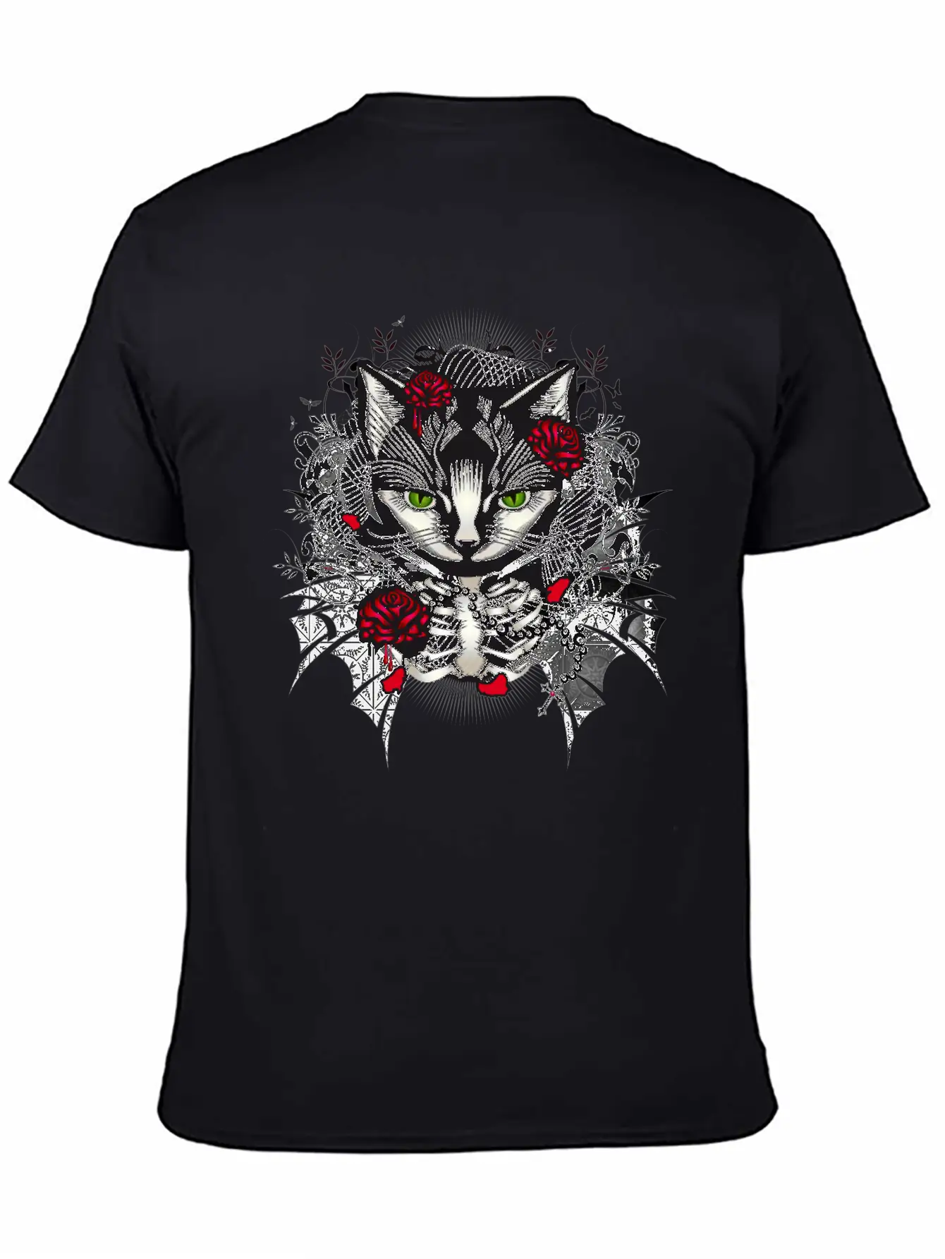 Dark Gothic Cat Portrait With Red Roses Relaxed Everyday Tee – Lightweight And Durable Cotton