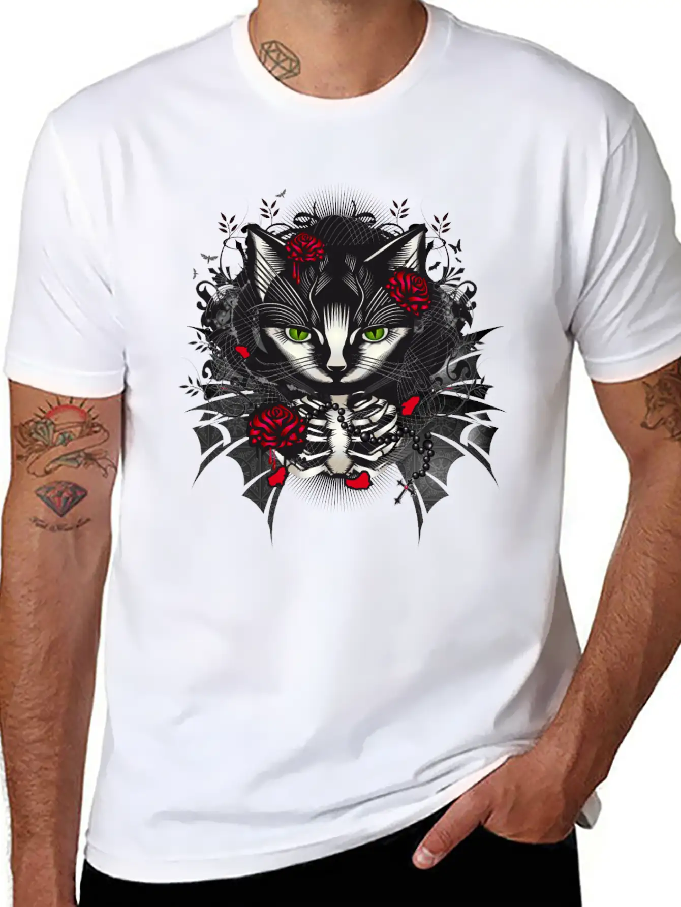 Dark Gothic Cat Portrait With Red Roses Relaxed Everyday Tee – Lightweight And Durable Cotton