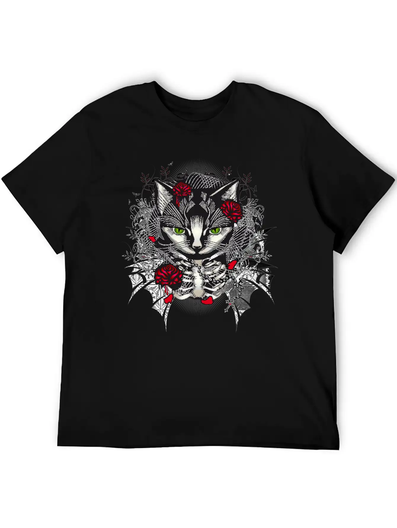 Dark Gothic Cat Portrait With Red Roses Relaxed Everyday Tee – Lightweight And Durable Cotton