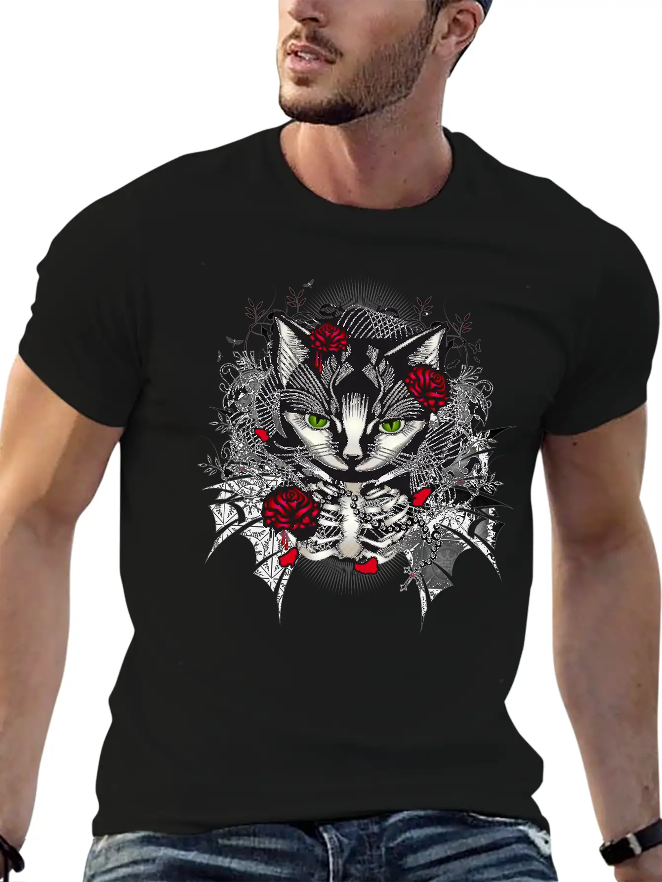 Dark Gothic Cat Portrait With Red Roses Relaxed Everyday Tee – Lightweight And Durable Cotton