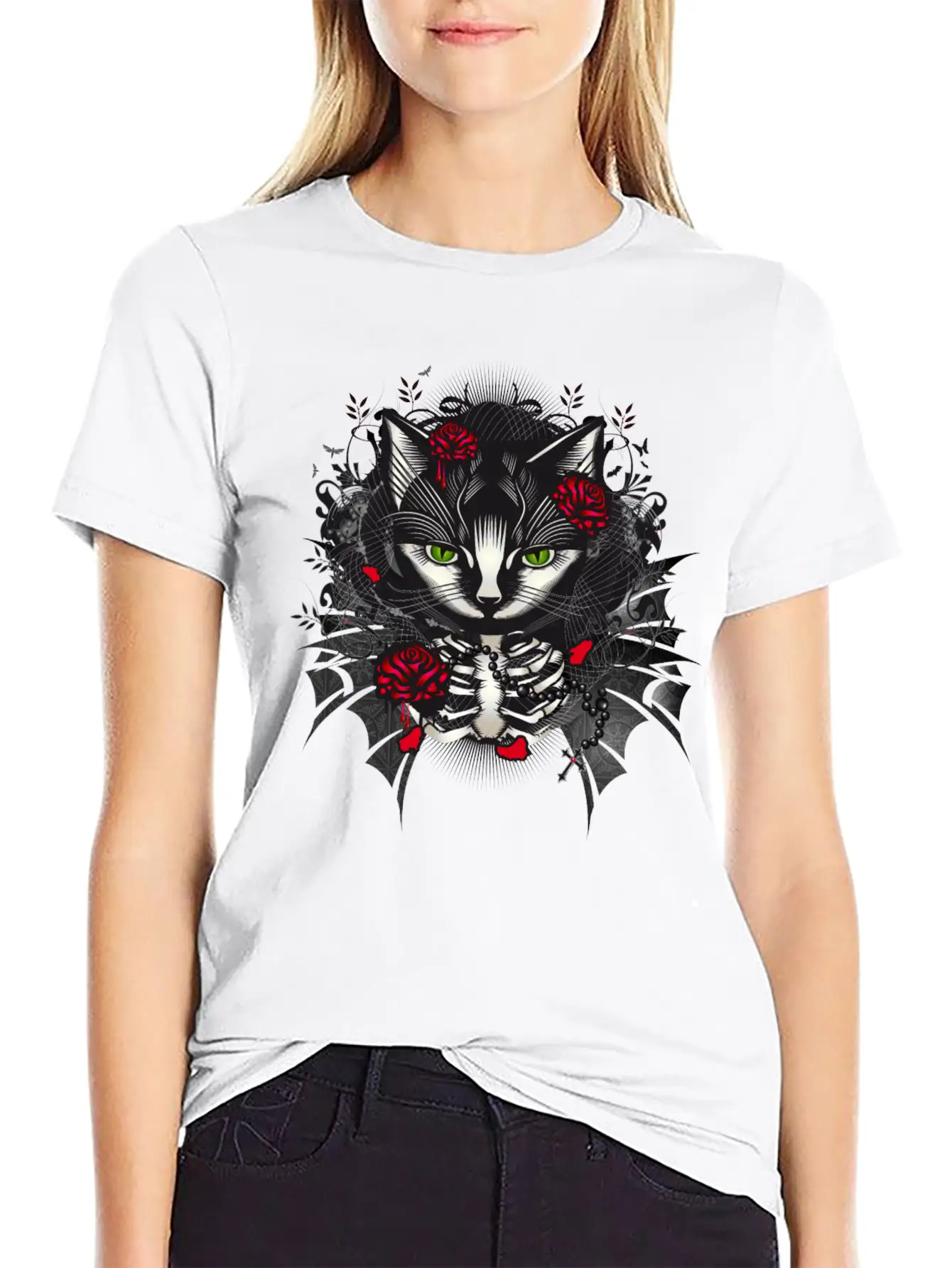 Dark Gothic Cat Portrait With Red Roses Relaxed Everyday Tee – Lightweight And Durable Cotton
