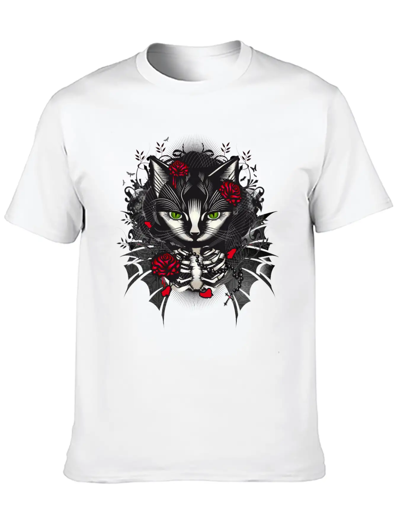 Dark Gothic Cat Portrait With Red Roses Relaxed Everyday Tee – Lightweight And Durable Cotton