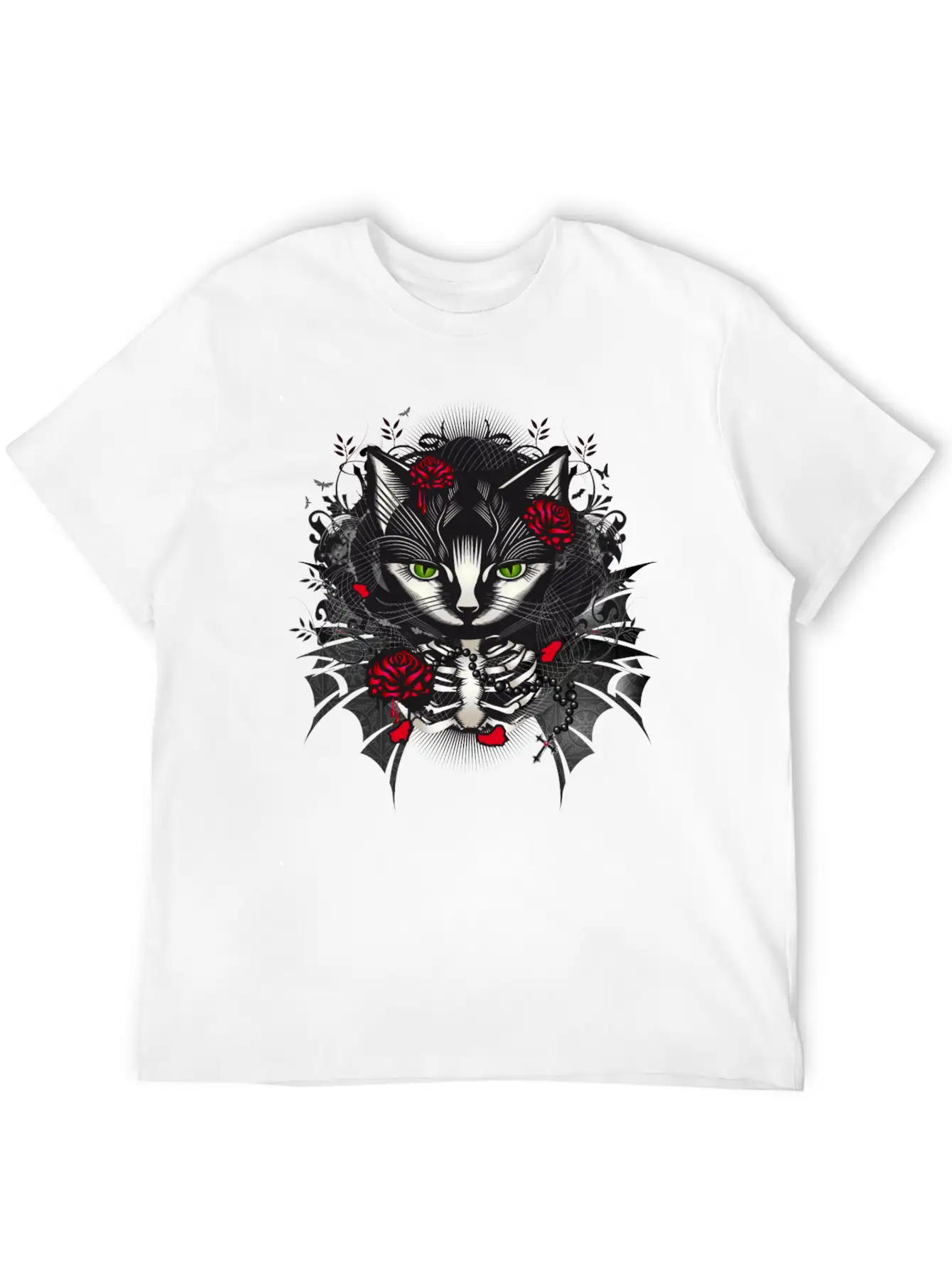 Dark Gothic Cat Portrait With Red Roses Relaxed Everyday Tee – Lightweight And Durable Cotton