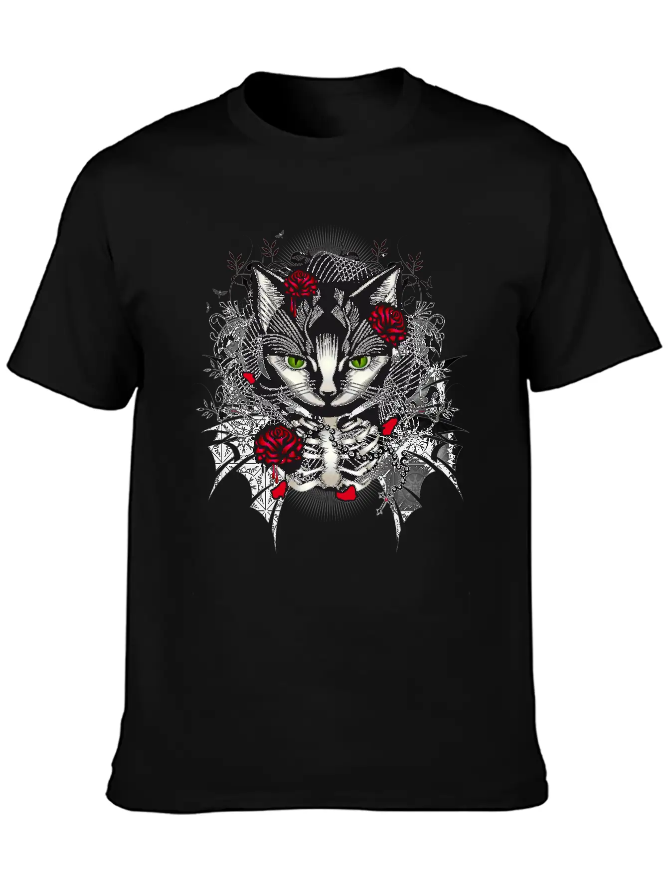 Dark Gothic Cat Portrait With Red Roses Relaxed Everyday Tee – Lightweight And Durable Cotton