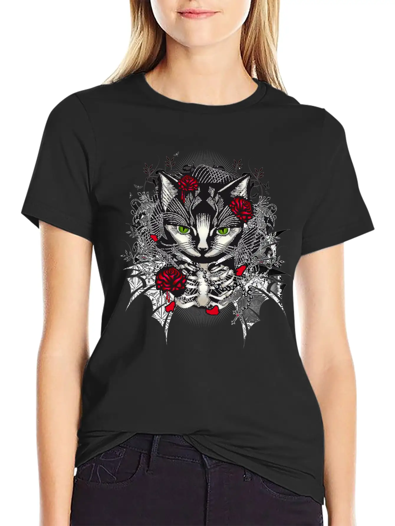 Dark Gothic Cat Portrait With Red Roses Relaxed Everyday Tee – Lightweight And Durable Cotton