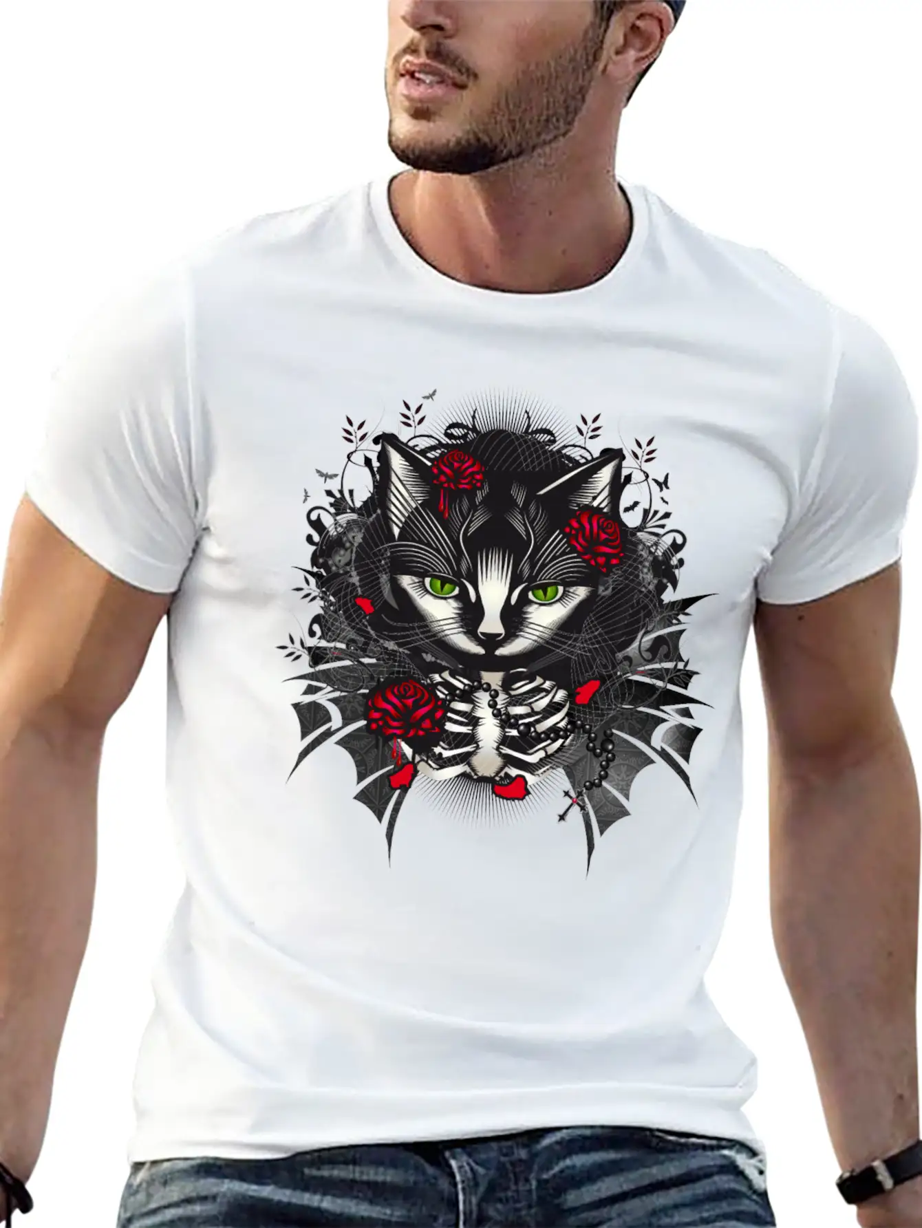 Dark Gothic Cat Portrait With Red Roses Relaxed Everyday Tee – Lightweight And Durable Cotton
