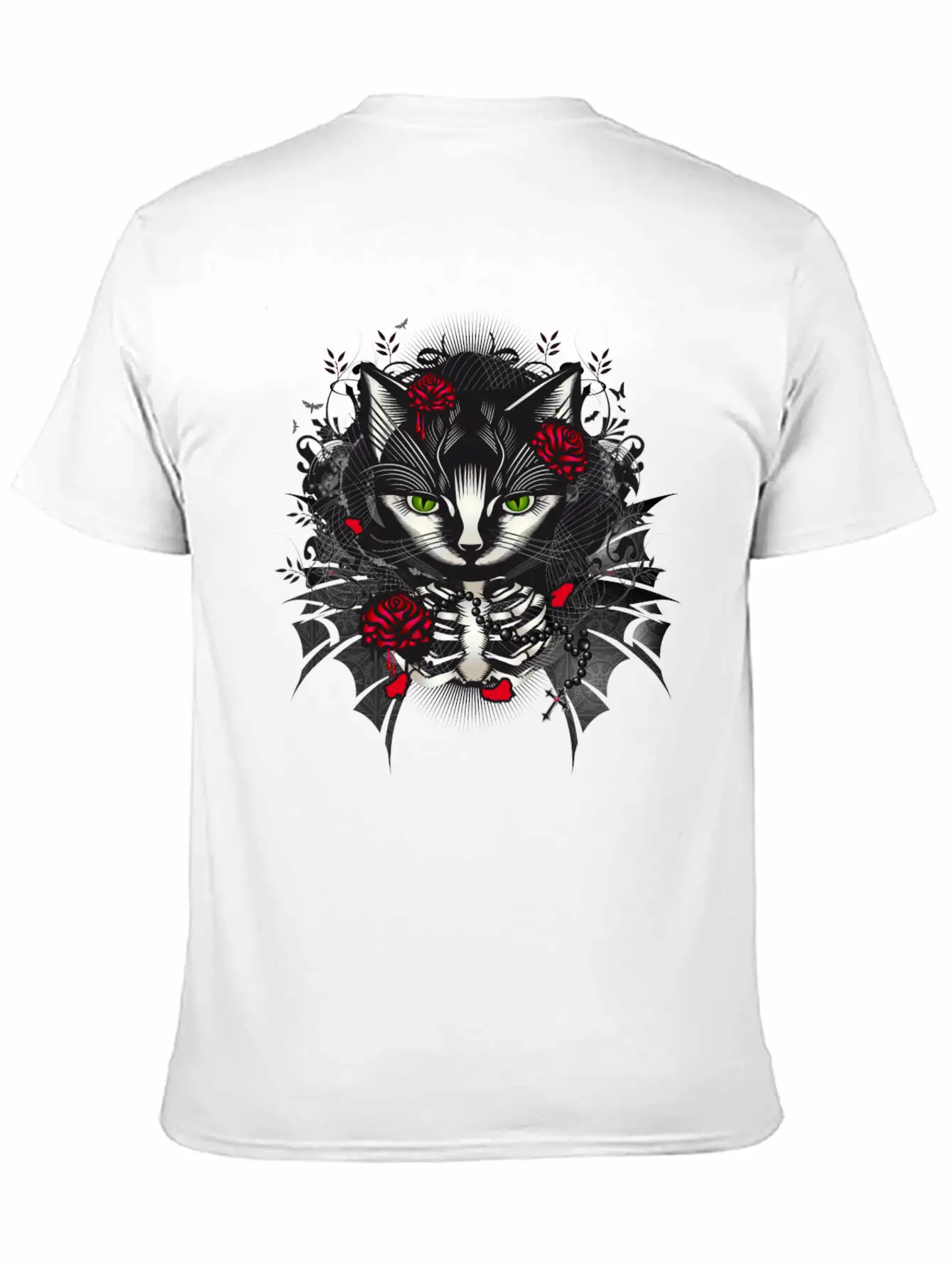 Dark Gothic Cat Portrait With Red Roses Relaxed Everyday Tee – Lightweight And Durable Cotton