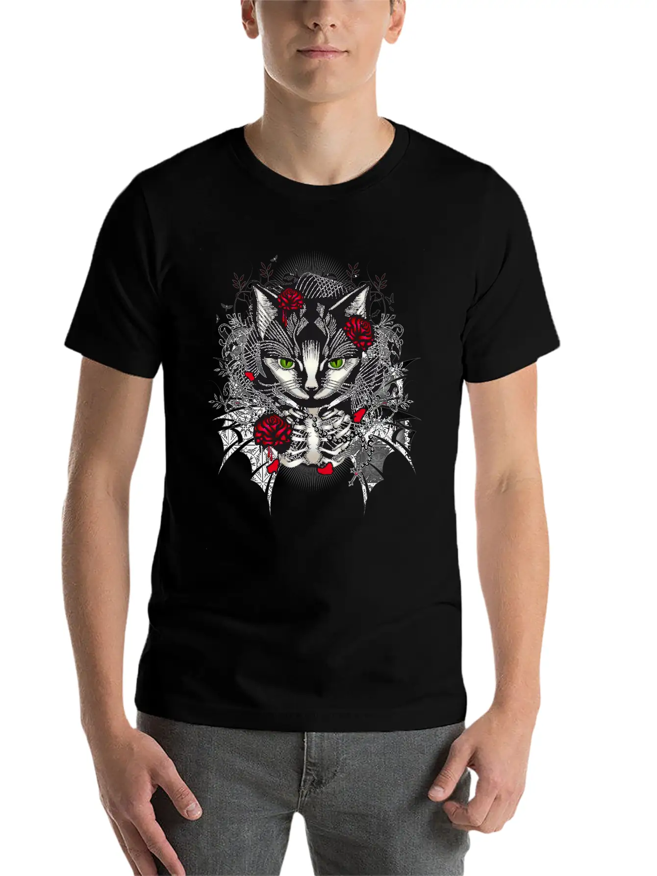 Dark Gothic Cat Portrait With Red Roses Relaxed Everyday Tee – Lightweight And Durable Cotton