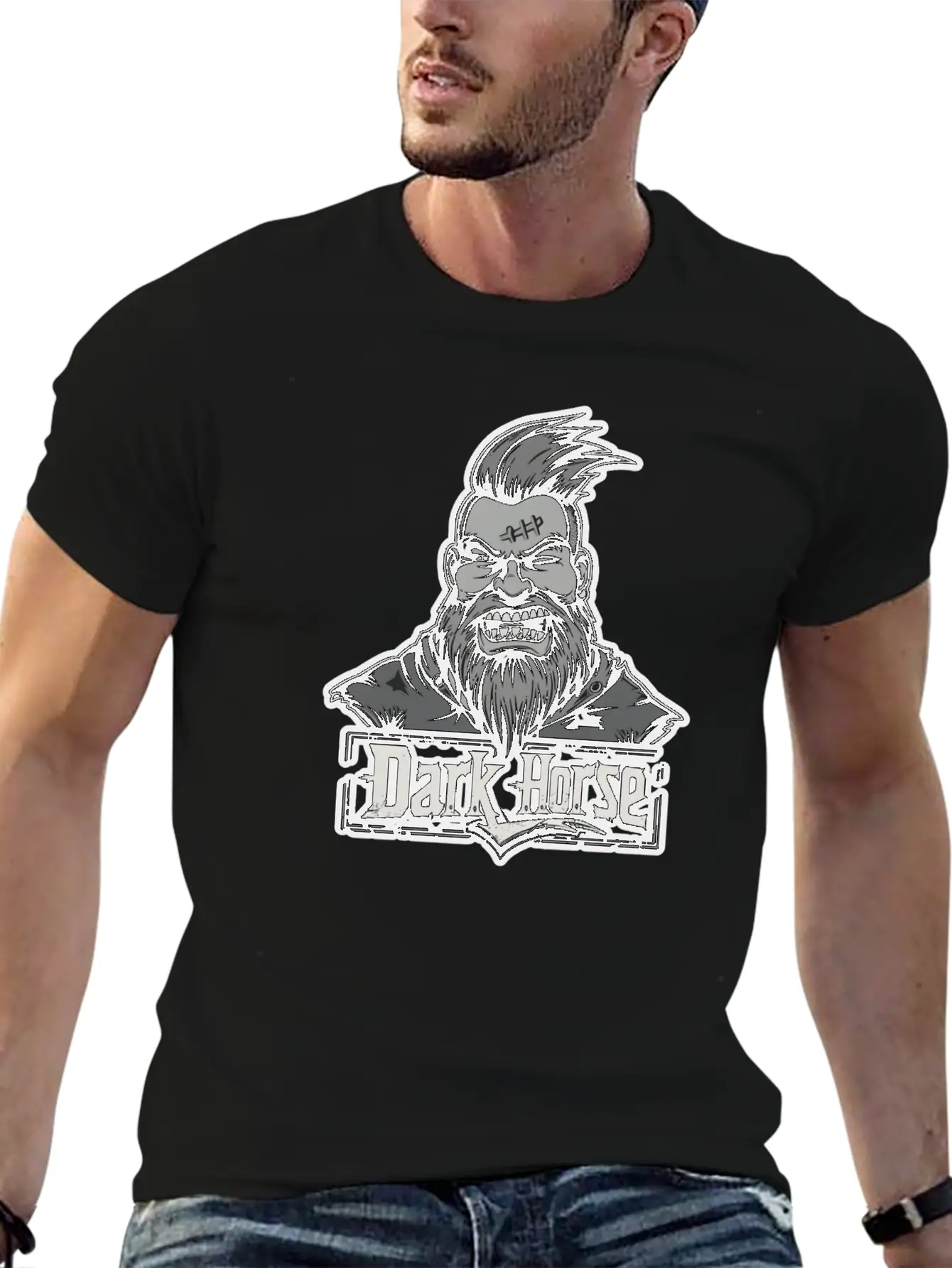 Dark Horse Logo With Bearded Man With Mohawk #1 Stylish Everyday T-Shirt – Unisex Basic Cotton Tee