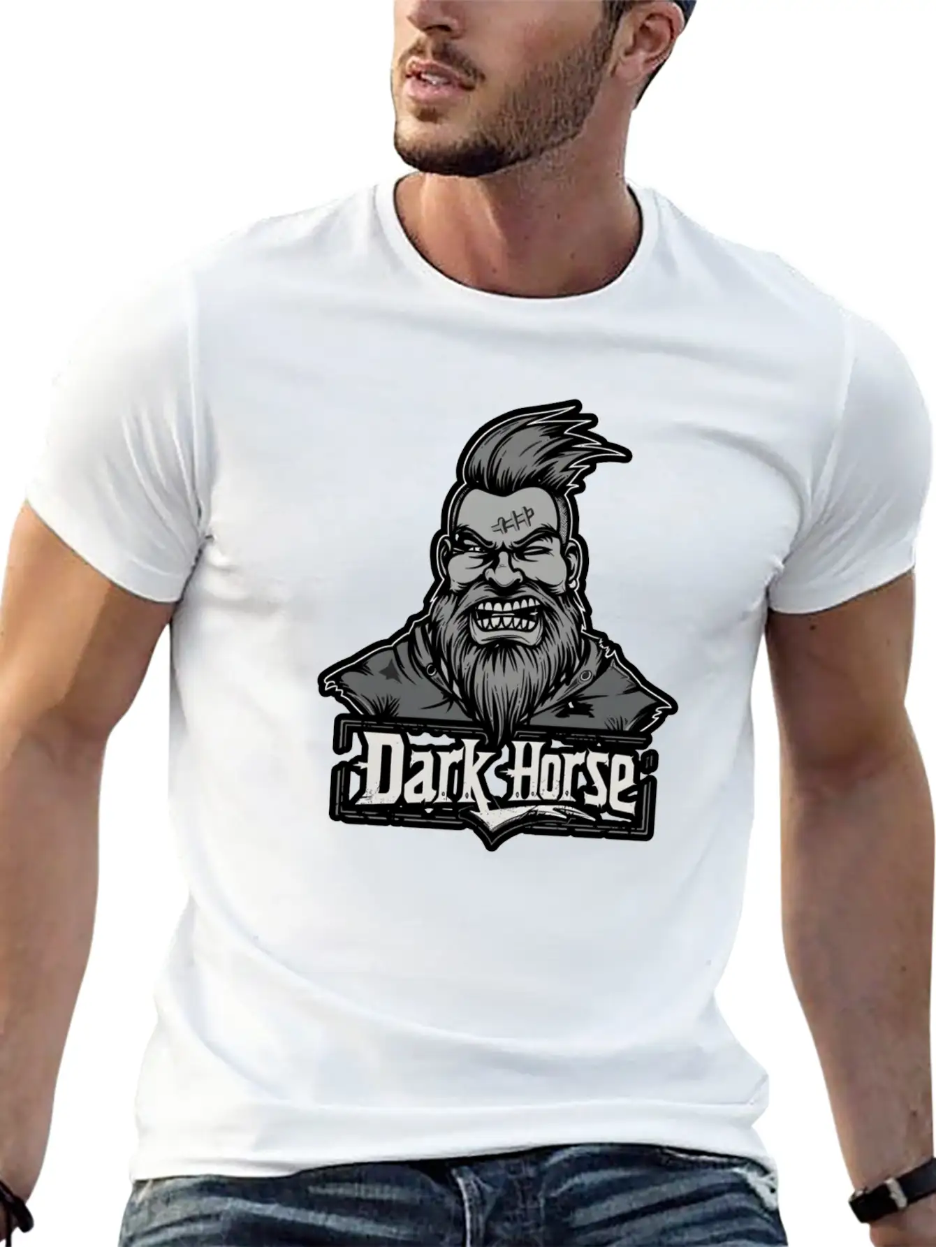 Dark Horse Logo With Bearded Man With Mohawk #1 Stylish Everyday T-Shirt – Unisex Basic Cotton Tee
