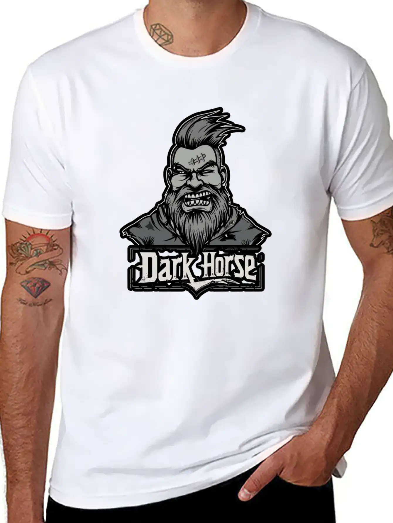 Dark Horse Logo With Bearded Man With Mohawk #1 Stylish Everyday T-Shirt – Unisex Basic Cotton Tee