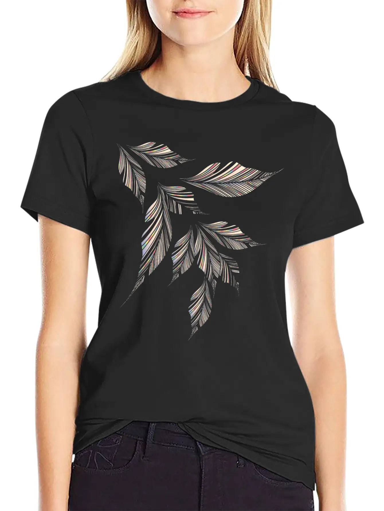 Delicately Shimmering Feathery Leaves Drawing Stylish Everyday T-Shirt – Unisex Basic Cotton Tee