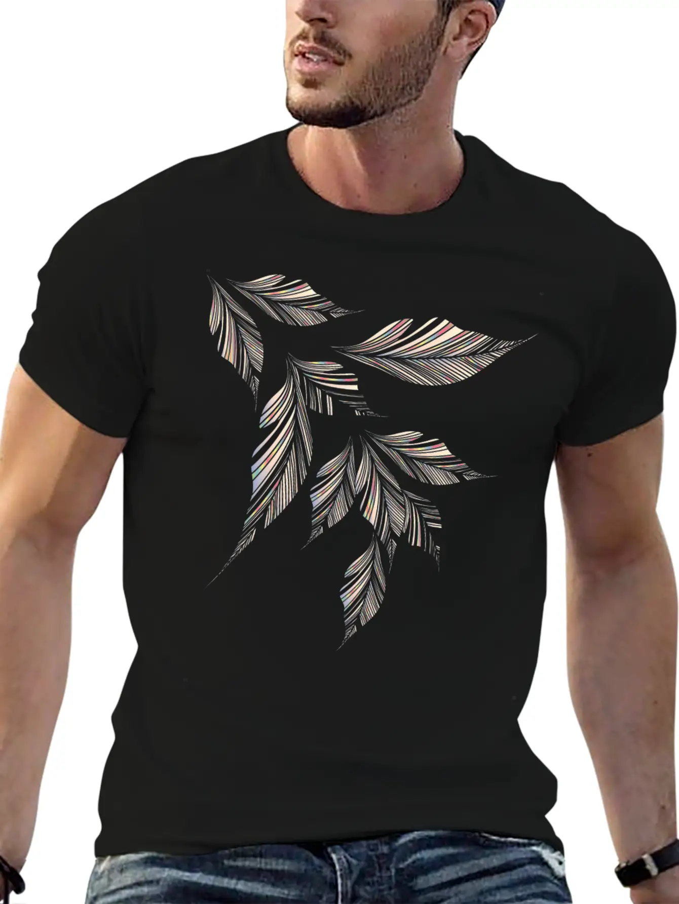Delicately Shimmering Feathery Leaves Drawing Stylish Everyday T-Shirt – Unisex Basic Cotton Tee