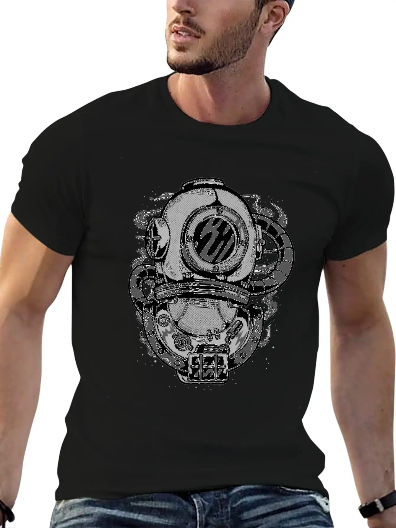 Diving Helmet - Scuba Diver In Retro Grunge Style Unisex Short Sleeve Soft Cotton T-Shirt – Casual Everyday Wear