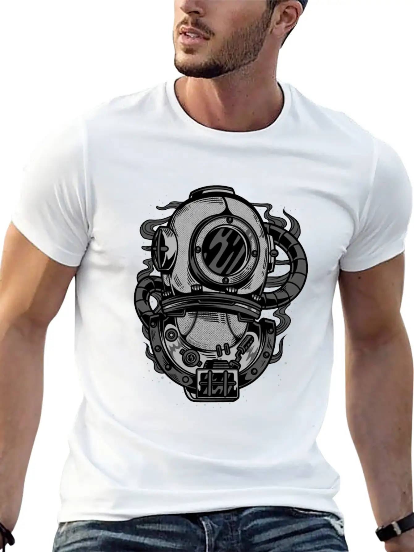 Diving Helmet - Scuba Diver In Retro Grunge Style Unisex Short Sleeve Soft Cotton T-Shirt – Casual Everyday Wear