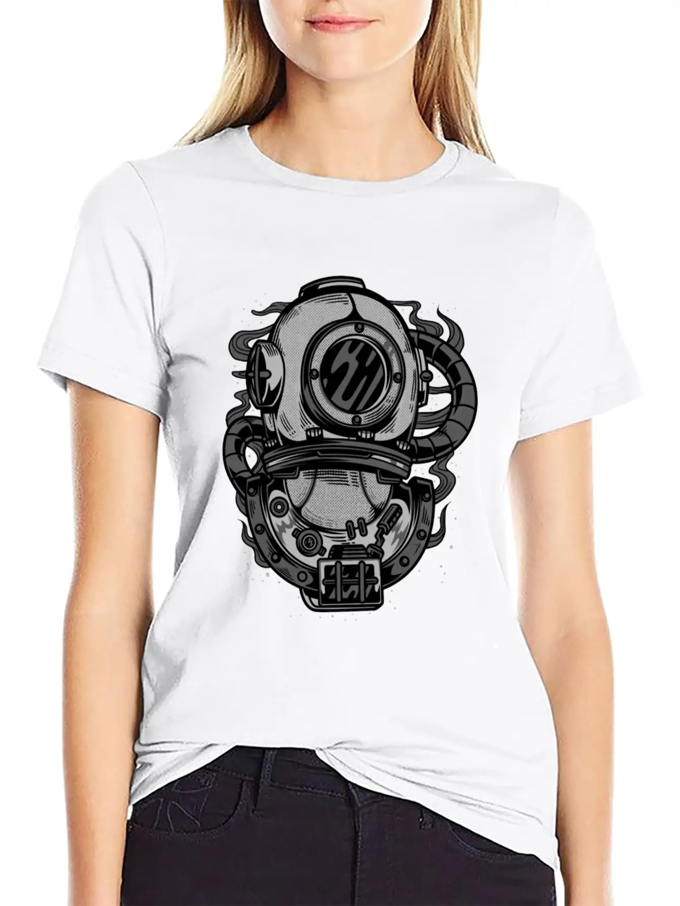 Diving Helmet - Scuba Diver In Retro Grunge Style Unisex Short Sleeve Soft Cotton T-Shirt – Casual Everyday Wear