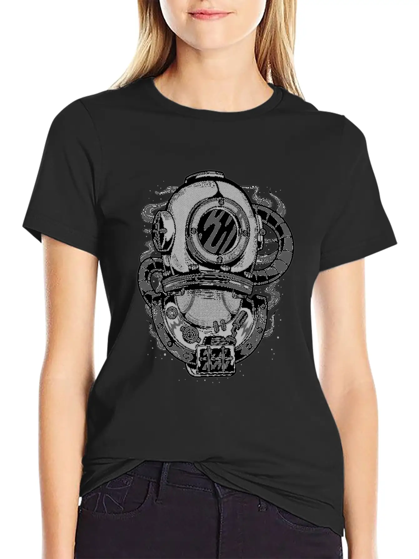 Diving Helmet - Scuba Diver In Retro Grunge Style Unisex Short Sleeve Soft Cotton T-Shirt – Casual Everyday Wear
