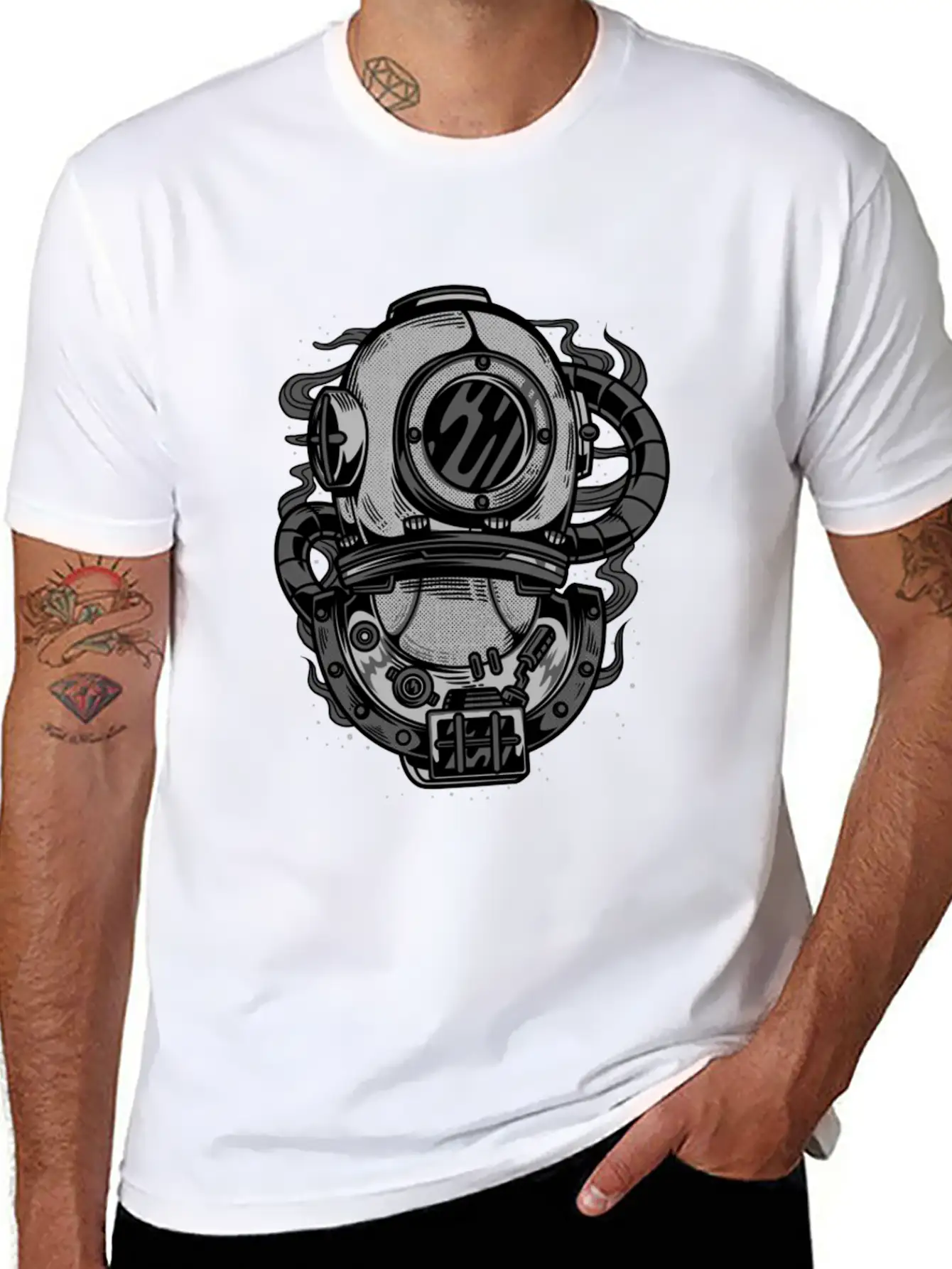 Diving Helmet - Scuba Diver In Retro Grunge Style Unisex Short Sleeve Soft Cotton T-Shirt – Casual Everyday Wear