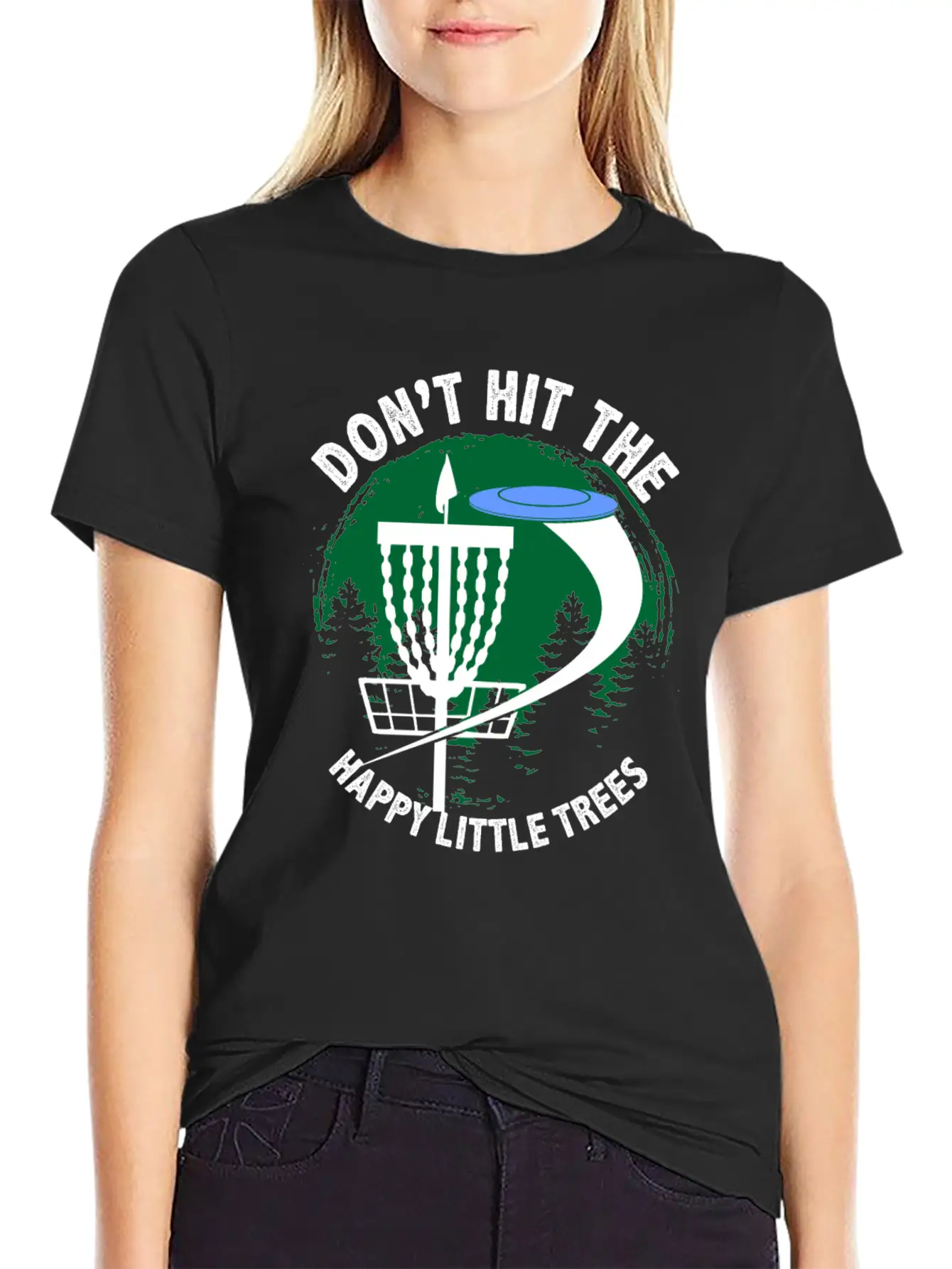 Dont Hit The Happy Little Trees Disc Golf Golfer Unisex Short Sleeve Soft Cotton T-Shirt – Casual Everyday Wear