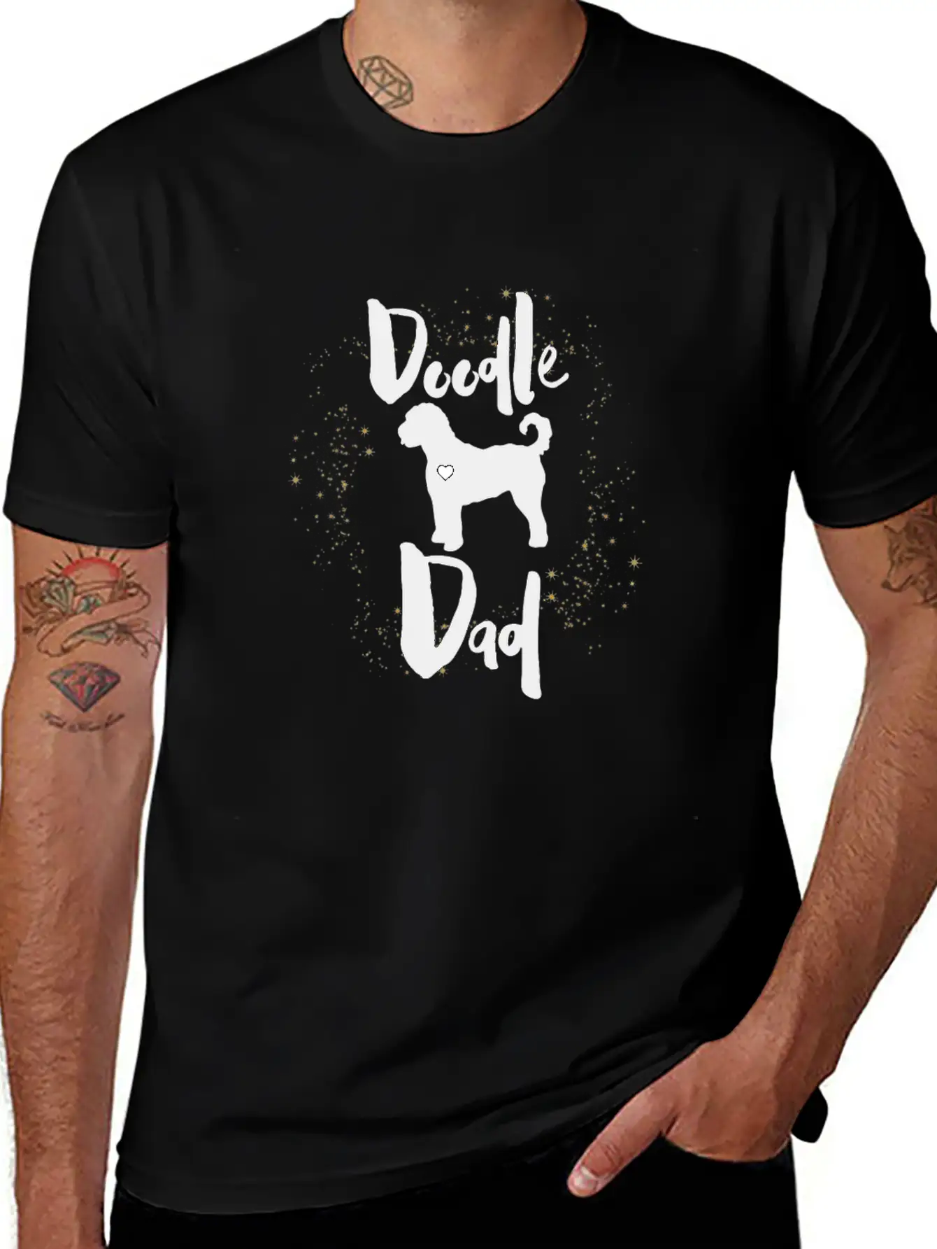 Doodle Dog Dad With Golden Stars Stylish Everyday T-Shirt – Unisex Basic Cotton Tee