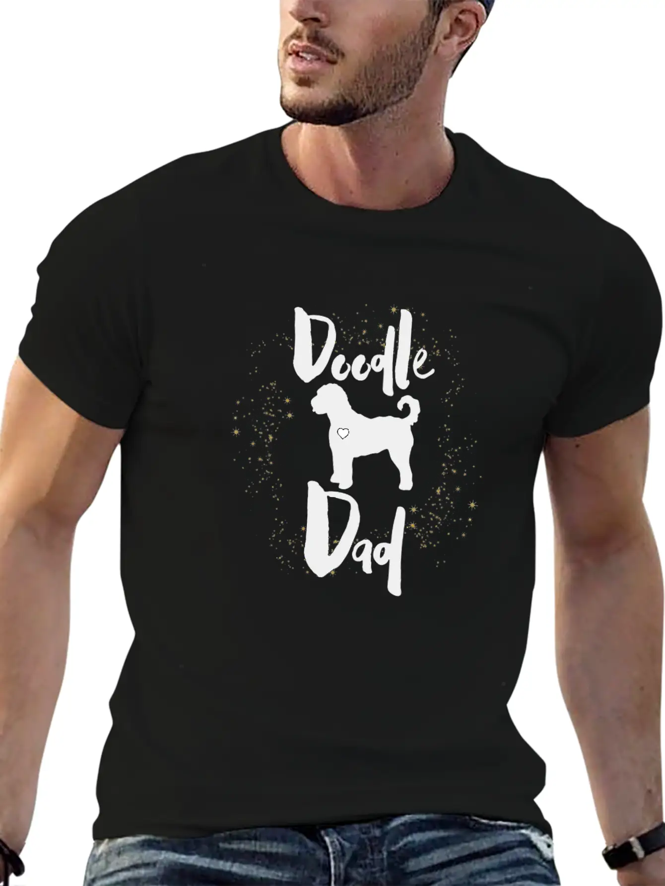 Doodle Dog Dad With Golden Stars Stylish Everyday T-Shirt – Unisex Basic Cotton Tee