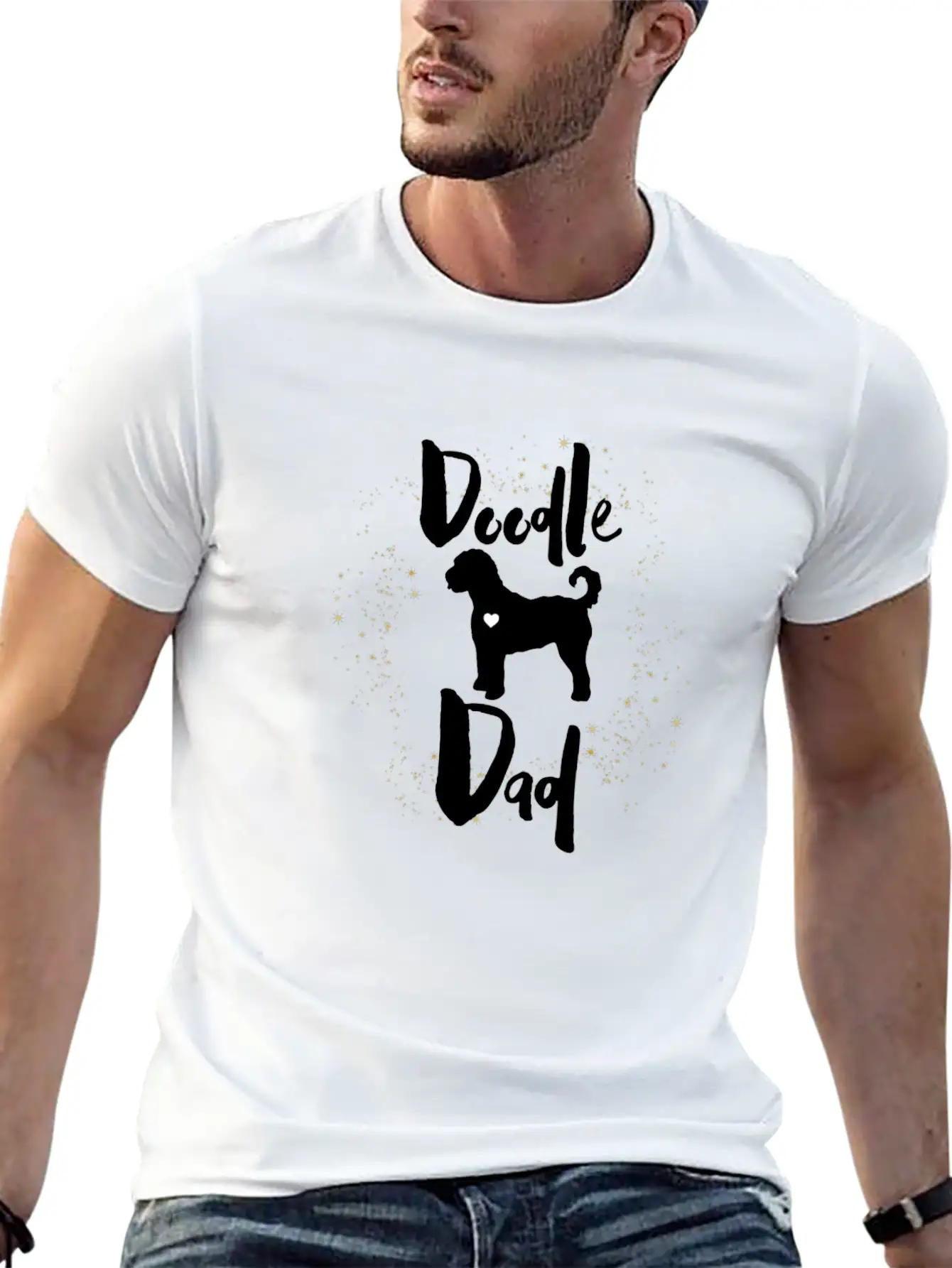 Doodle Dog Dad With Golden Stars Stylish Everyday T-Shirt – Unisex Basic Cotton Tee