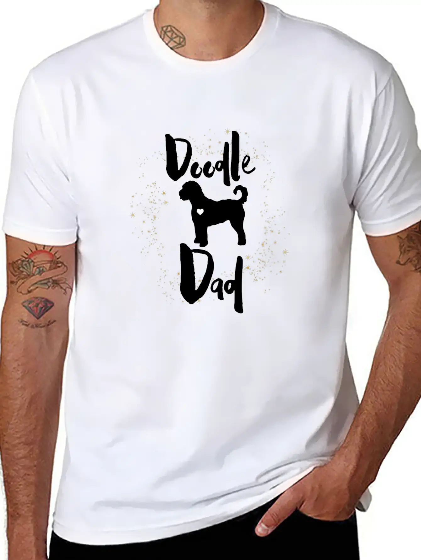 Doodle Dog Dad With Golden Stars Stylish Everyday T-Shirt – Unisex Basic Cotton Tee