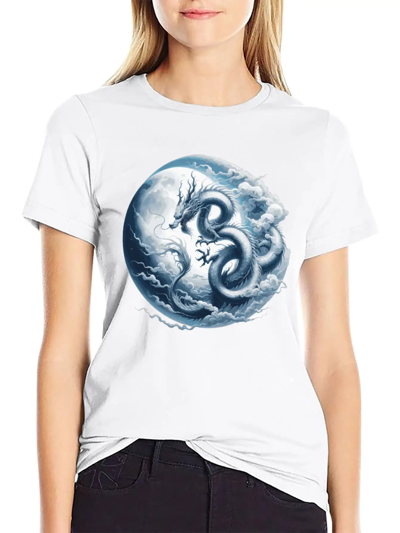 Dragon Moon Chinese Dragon Zodiac Symbol Unisex Short Sleeve Soft Cotton T-Shirt – Casual Everyday Wear