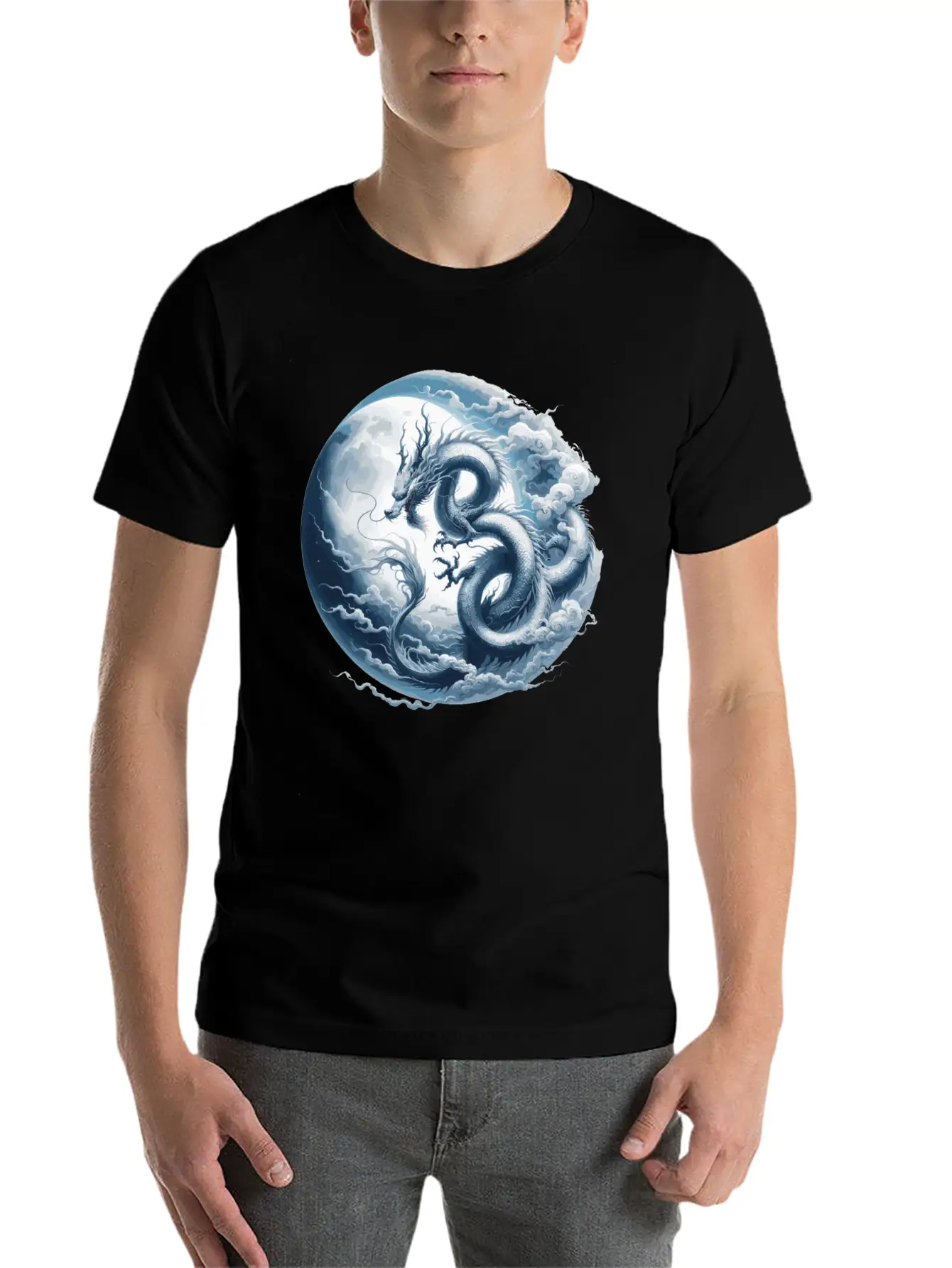 Dragon Moon Chinese Dragon Zodiac Symbol Unisex Short Sleeve Soft Cotton T-Shirt – Casual Everyday Wear