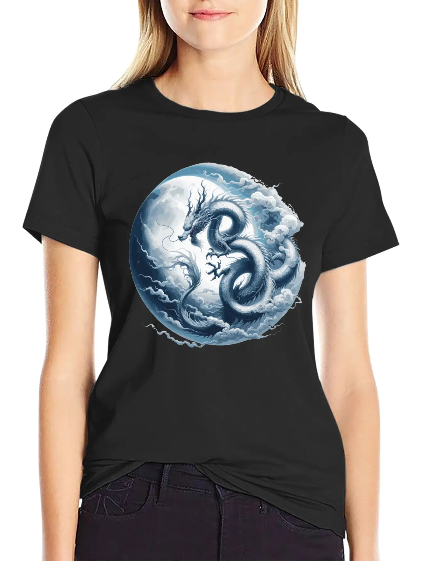 Dragon Moon Chinese Dragon Zodiac Symbol Unisex Short Sleeve Soft Cotton T-Shirt – Casual Everyday Wear