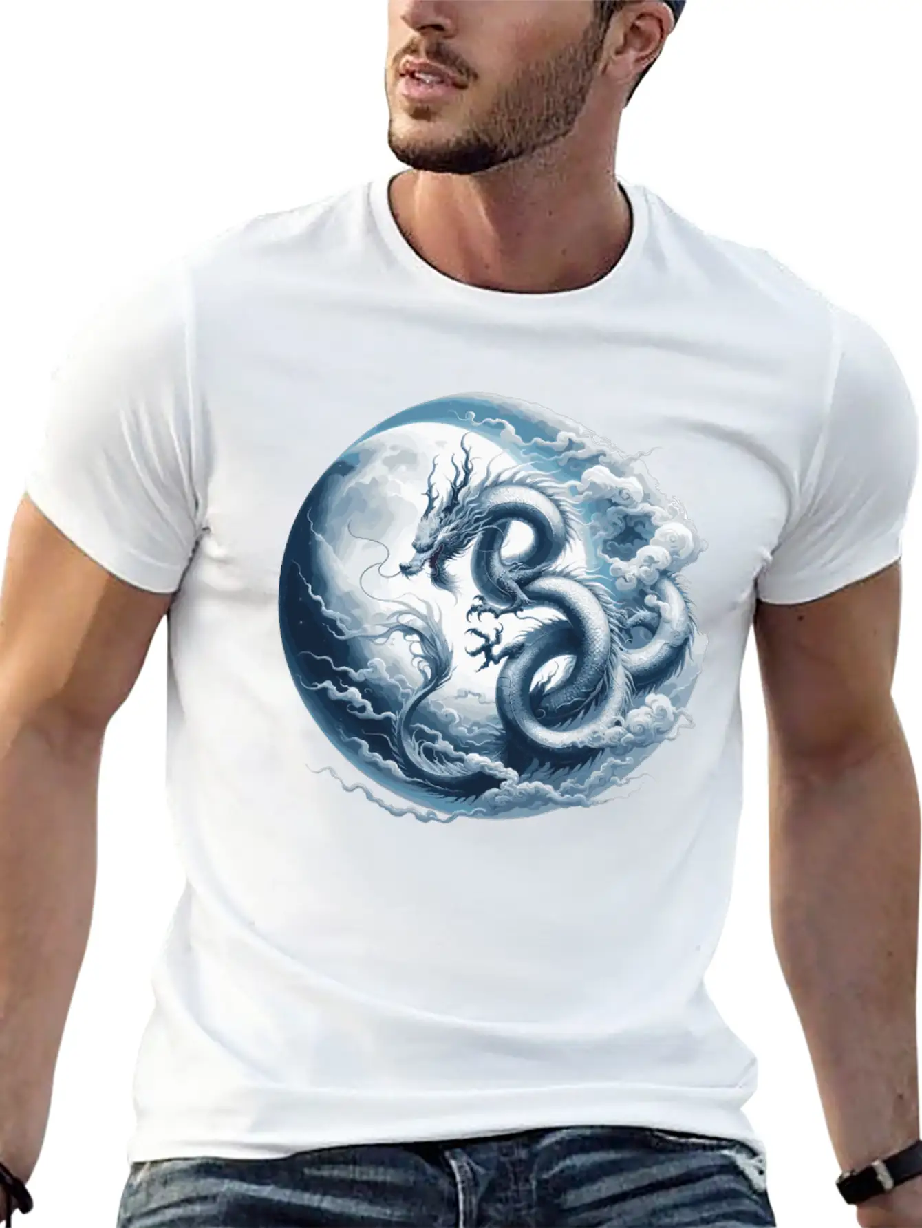 Dragon Moon Chinese Dragon Zodiac Symbol Unisex Short Sleeve Soft Cotton T-Shirt – Casual Everyday Wear